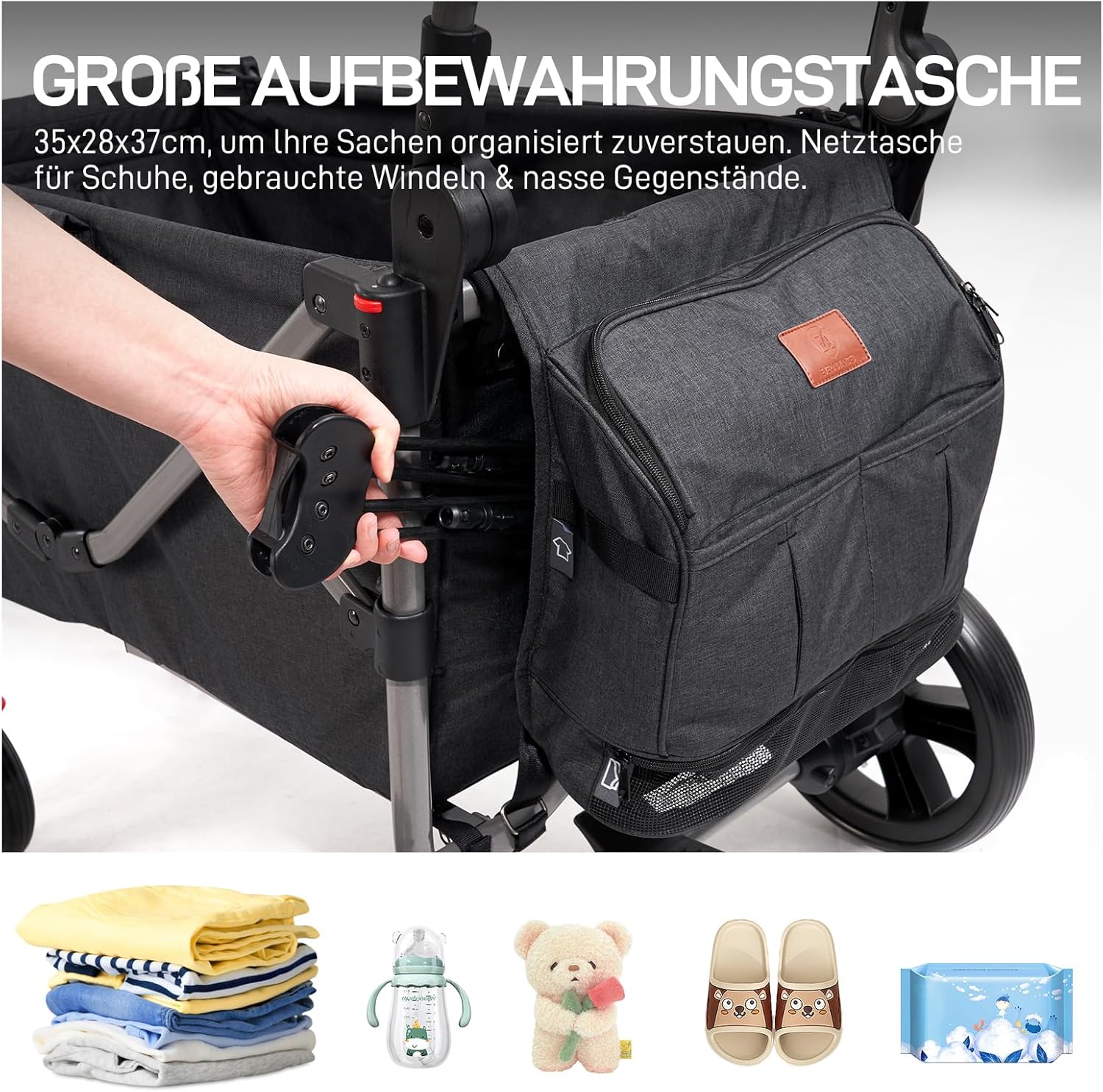 EVER ADVANCED Bolderkar voor 2 kinderen Opvouwbaar met dak, kinderwagen 2x5-punts veiligheidsgordel met luiertas, bolderkar met zitje, handwagen transportwagen, trekken & duwen, voetrem