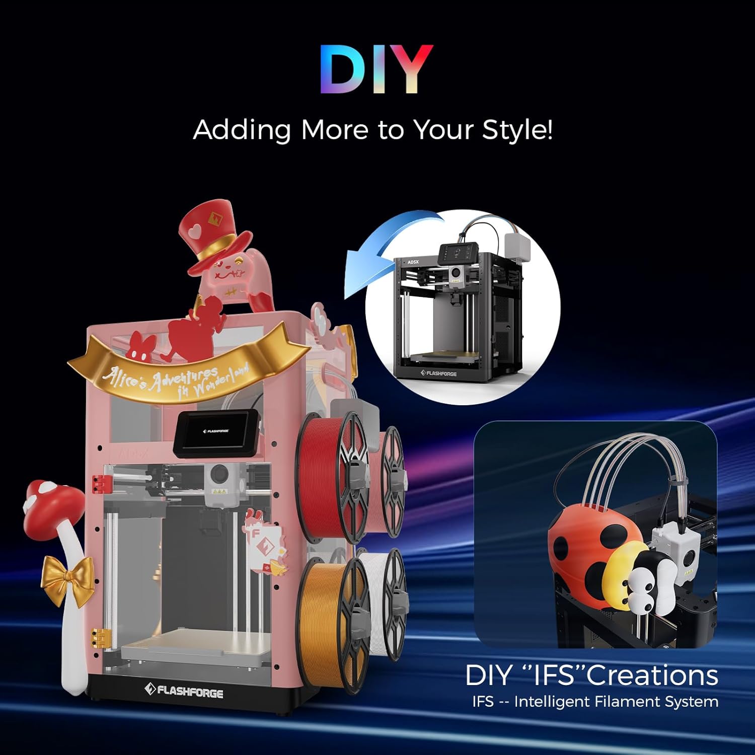 Flashforge Adventurer 5X 3D-Drucker mit Mehrfarbendruck, Anpassbar mit IFS,AD5X 3D-Drucker für mehrere Materialien,Vollautomatische Nivellierung,Maximale Geschwindigkeit: 600mm/s,Unterstützt PETG CF