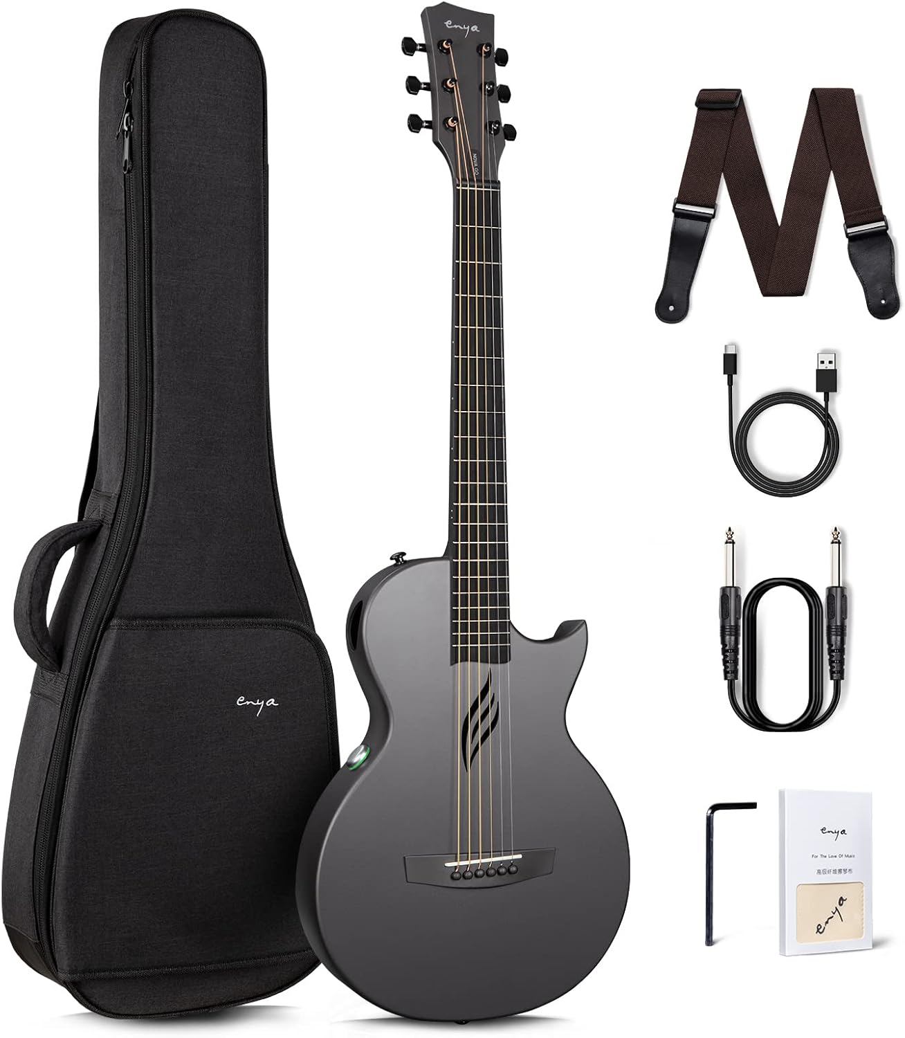 Enya 35-Zoll Anfänger Gitarre Set - Kohlefaser Schwarz Nova Go SP1 Akustik Gitarre Cutaway Carbon Fiber Acoustic Guitar für Kinder Erwachsene