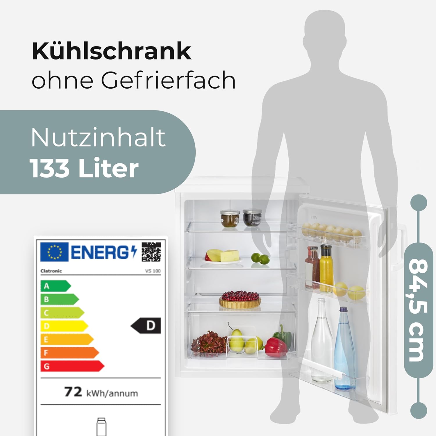 Clatronic® Kühlschrank ohne Gefrierfach | Energieklasse D | 84,5cm | Vollraumkühlschrank | leise 39dB | Türanschlag wechselbar | 0°C - 8°C | 133L | Kühlschrank klein mit Gemüsefach | VS 100 weiß