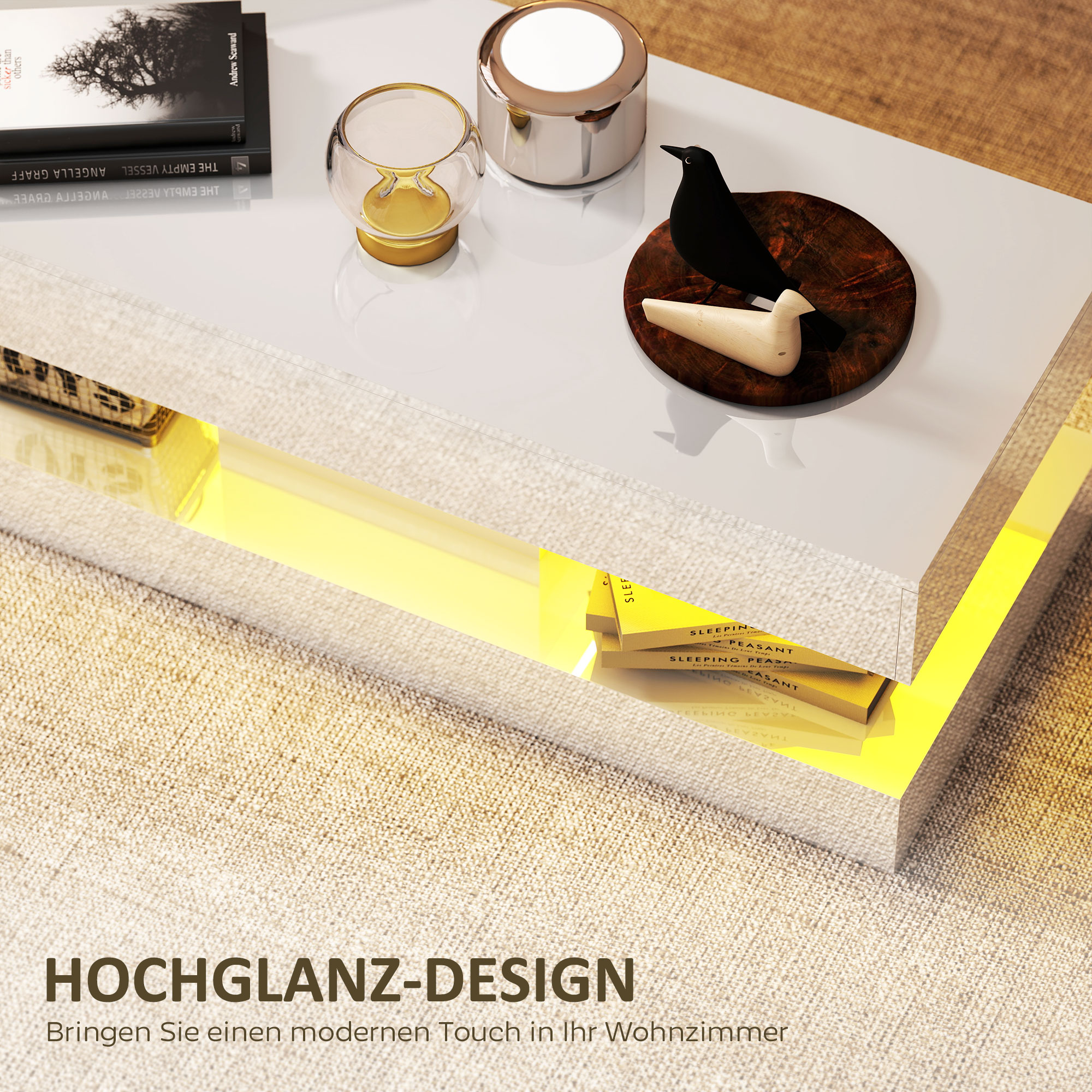 Salontafel met Lades en LED-verlichting, moderne Sofatafel met open opbergruimte, Salontafel, Spaanplaat, Wit