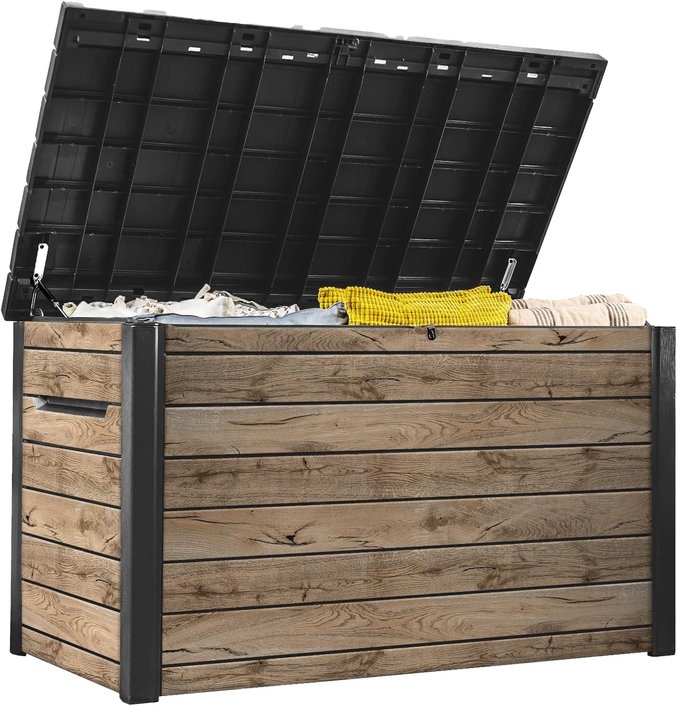 Koll Living Keter Gartenbox Ontario 870L | 147x83x86 cm cm | Kunststoff in Holzoptik (Pinie) | Deckel mit Gasdruckfedern | abschließbar