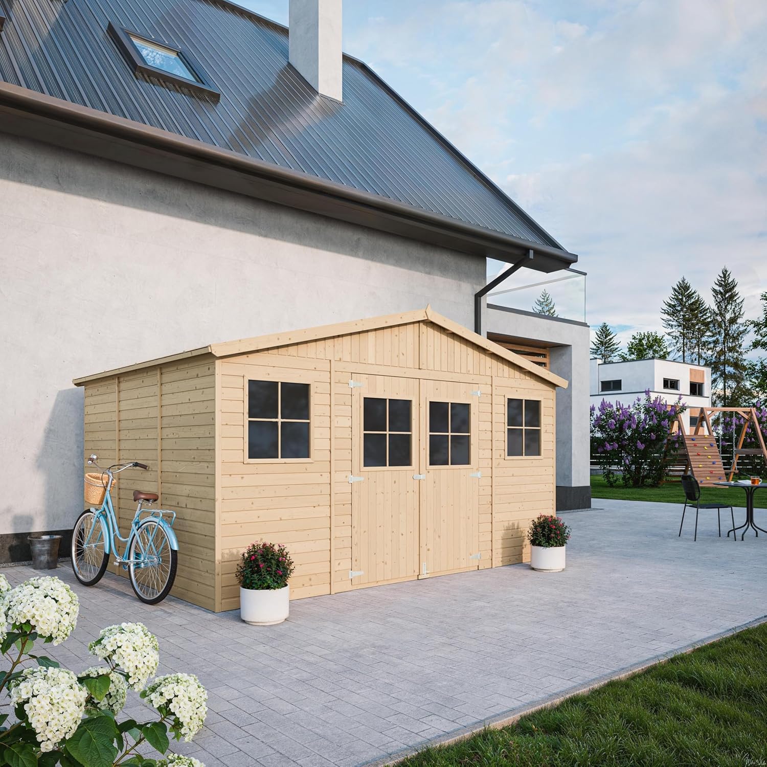 Gartenhaus Holz MIT IMPRÄGNIERTEM Boden - Geräteschuppen mit Fenstern - H246 x 418 x 320 cm/ 12 m² Naturholz-Shiplap-Schuppen - Gerätehaus - Fahrradschuppen - TIMBELA M331+331G
