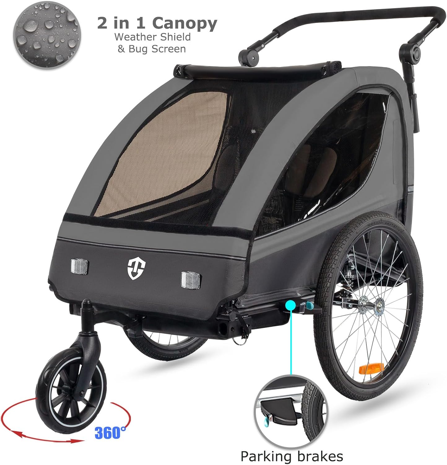 Tiggo VS Kinderanhänger 360° Drehbar mit Federung 2in1 Fahrradanhänger mit Buggy Set Jogger 5-Punkt Gurt Fahrrad Anhänger für 1 bis 2 Kinder max. 40kg