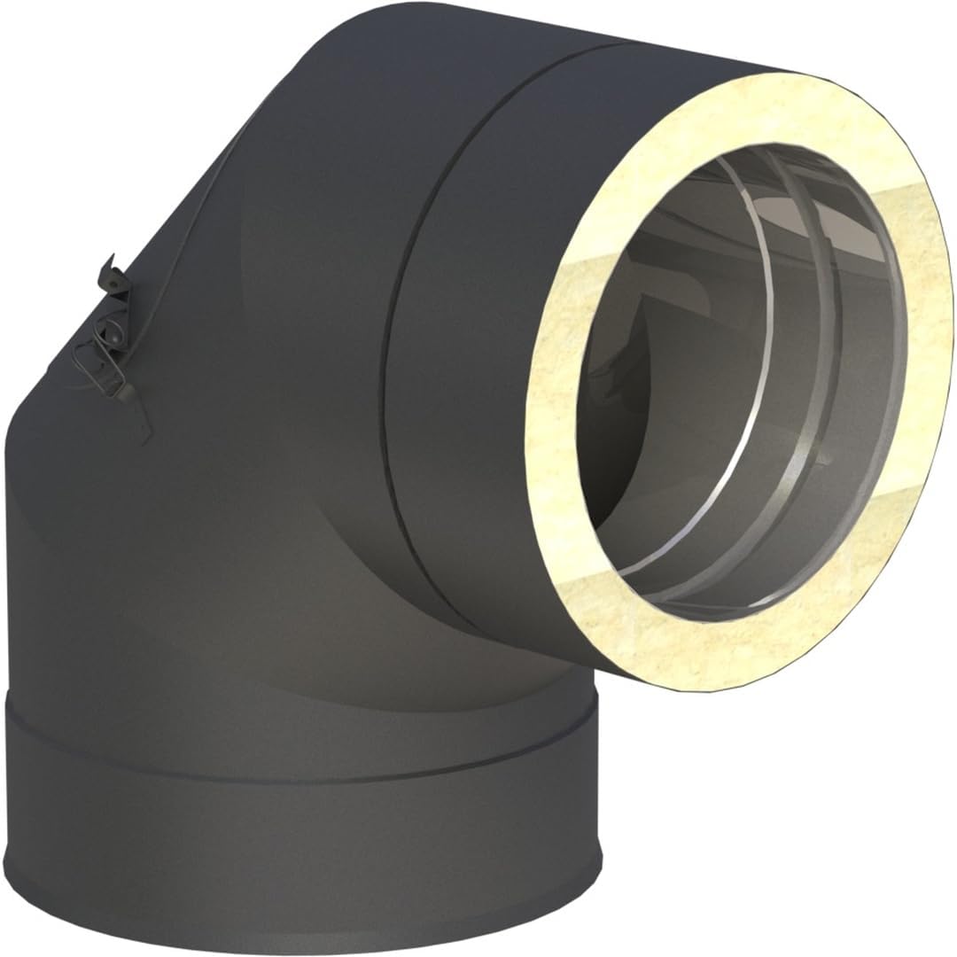 Jeremias DW-Black 180mm 90° Winkel mit Revision runde Öffnung doppelwandig Edelstahl schwarz matt Abgasanlage für Öl Gas Festbrennstoffe