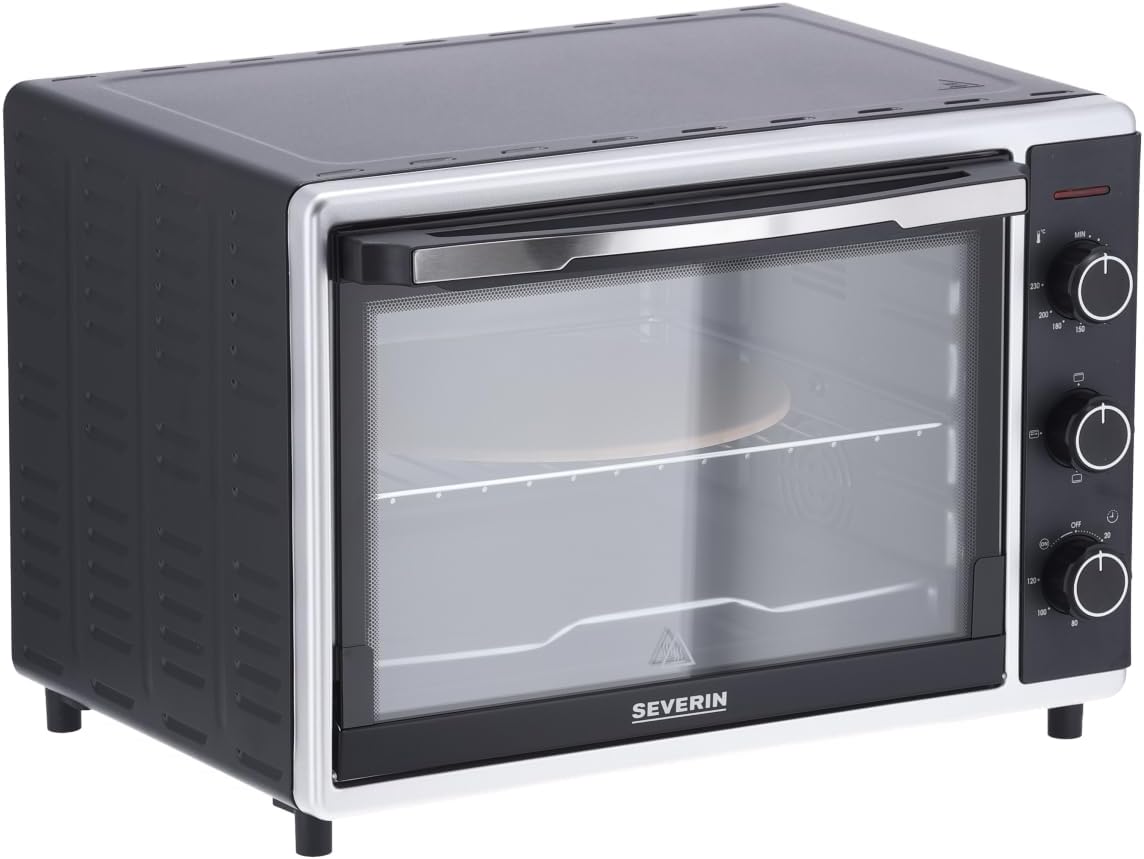 SEVERIN Back- und Toastofen mit Umluftfunktion, Mini Backofen mit Grillrost, Backblech, Drehspie und Pizzastein, vielseitiger Heiluftofen mit 42 L Kapazitt, 1.800 W, schwarz, TO 2058