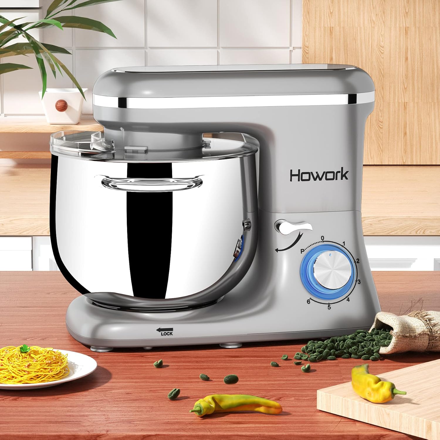 Howork Küchenmaschine Knetmaschine, 1500W leistungsstark 8L Tilt-Head Gerusche Knetmaschine, 6-stufige Geschwindigkeit Teigmaschine mit Rührbesen, Knethaken, Spritzschutz, Schlger (8L, schwarz)…