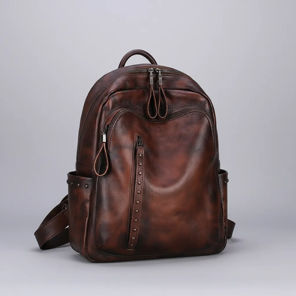 Distressed Coffee Studded Full Grain Leather Backpack School Bag