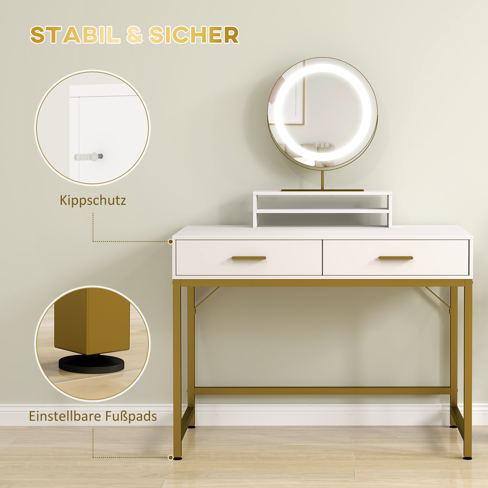 Kaptafel met 360�� Spiegel, LED-verlichting, 2 Laden, Wit/Goud