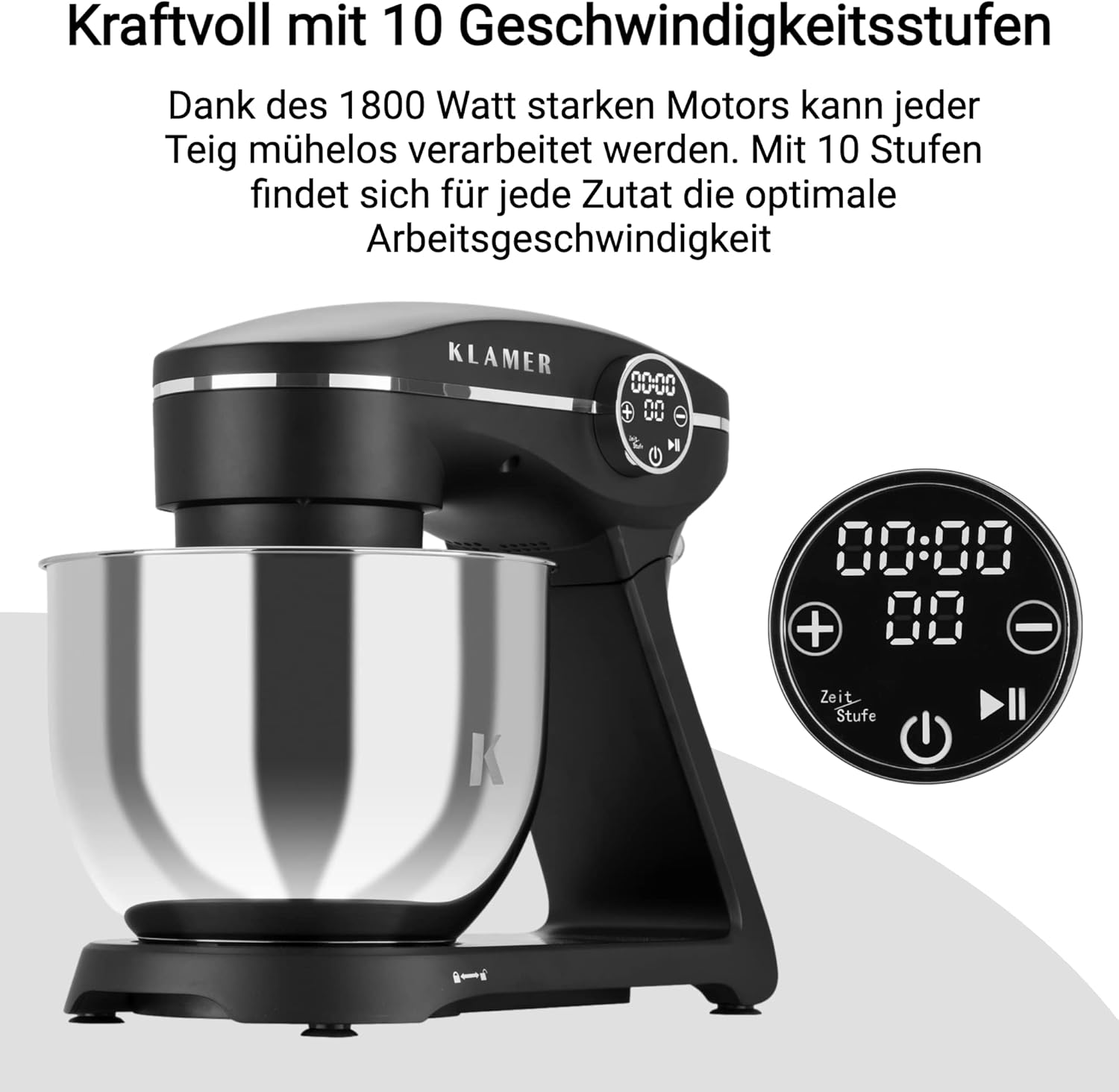 KLAMER Küchenmaschine 1800W, Knetmaschine Brotteig mit Edelstahl-Rührschüssel 6 L, 10 Stufen mit Timer, Planetenrührwerk, Rührbesen, Knethaken, Schneebesen & Sichtdeckel (schwarz)