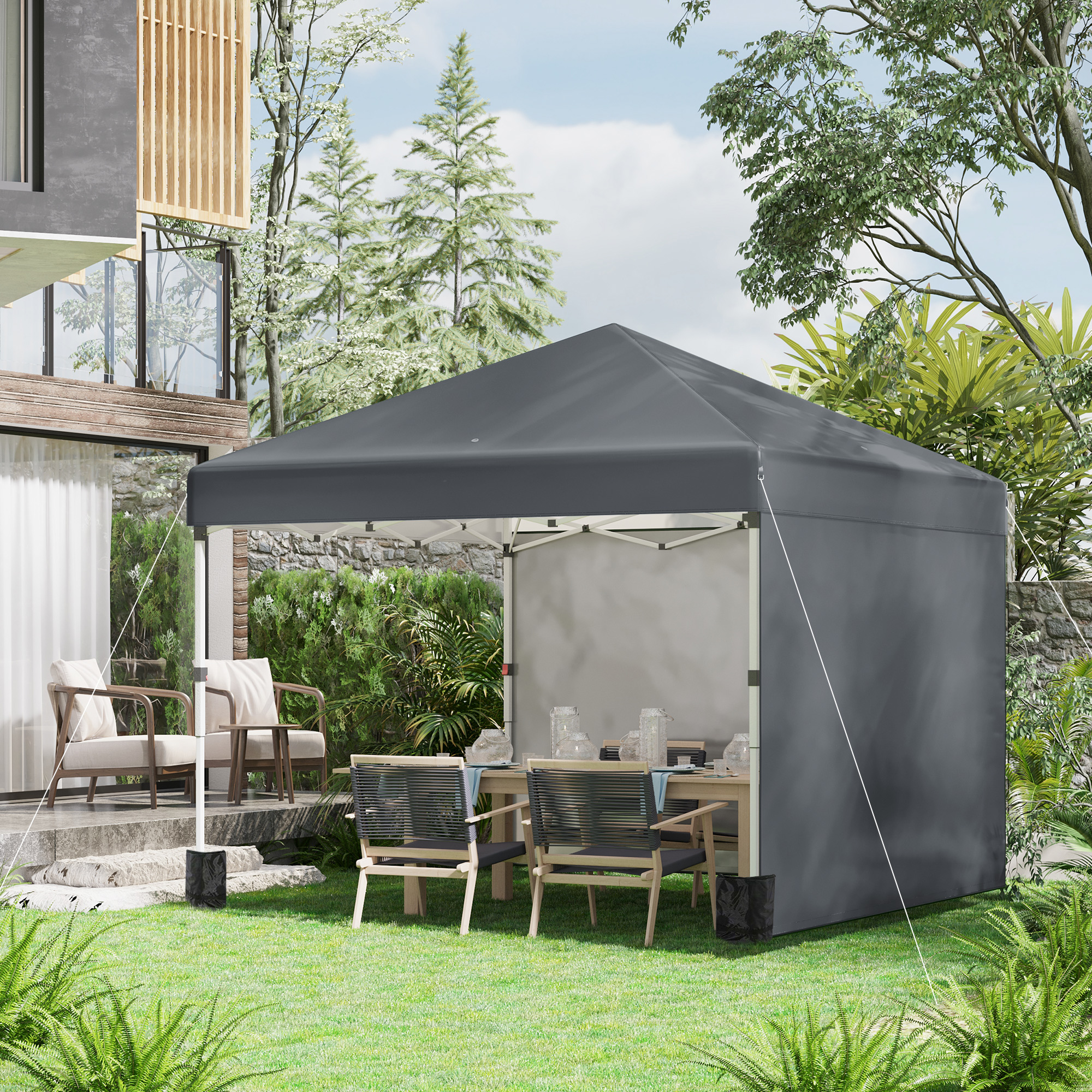 Opvouwbare paviljoen met 2 zijwanden, verstelbare hoogte, inclusief draagtas, roestvrij stalen frame, 3x3 m, Donkergrijs