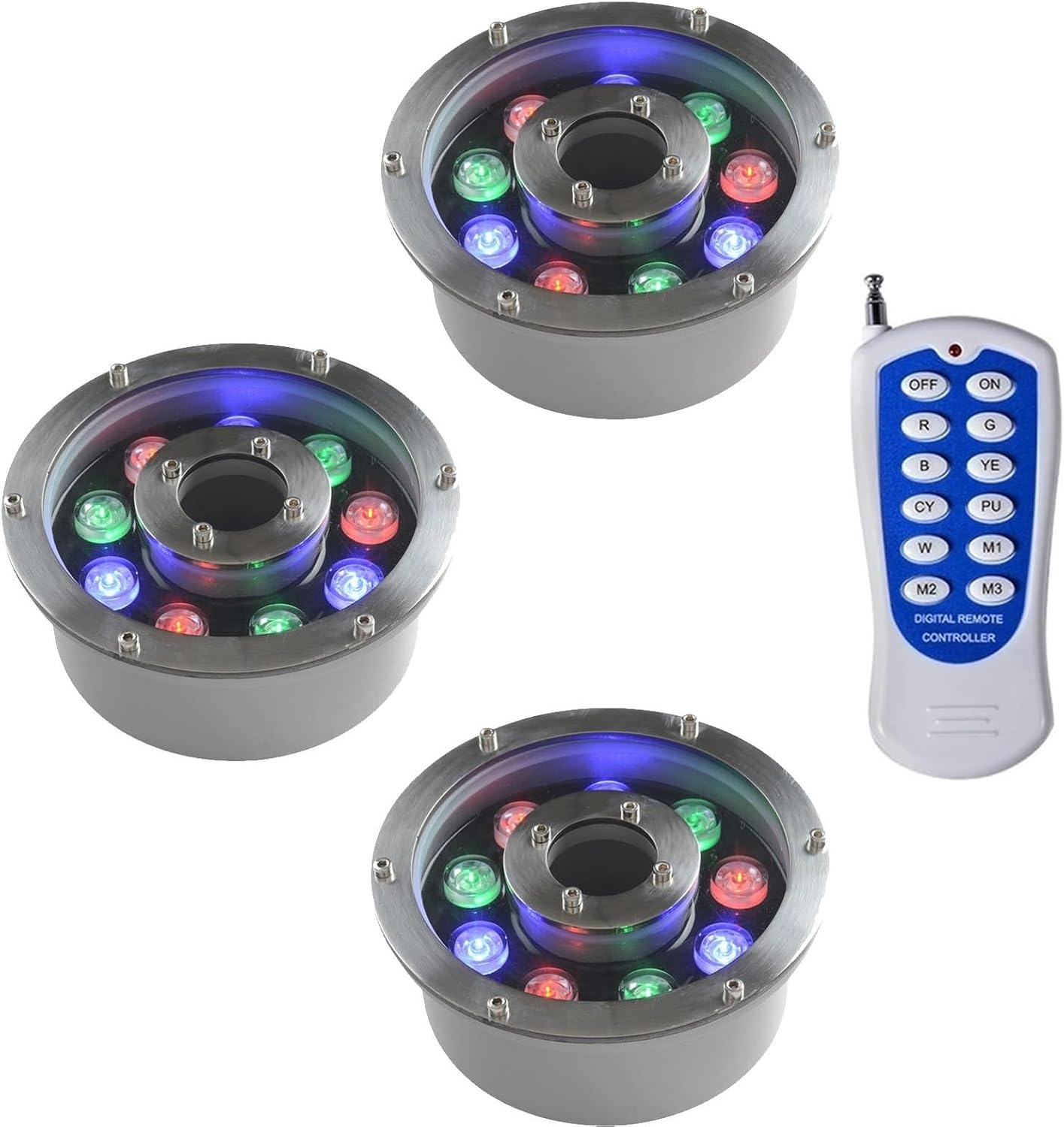 3 Stück Einbaustrahler Unterwasser - Eingebettet Pool Scheinwerfer, LED-Ringbrunnenlampe – RGB-Farbwechsel-Wasserspiellampe Mit RF-Fernbedienung – IP68 Wasserdichte Mittelloch-Teichbeleuchtung(18W (24