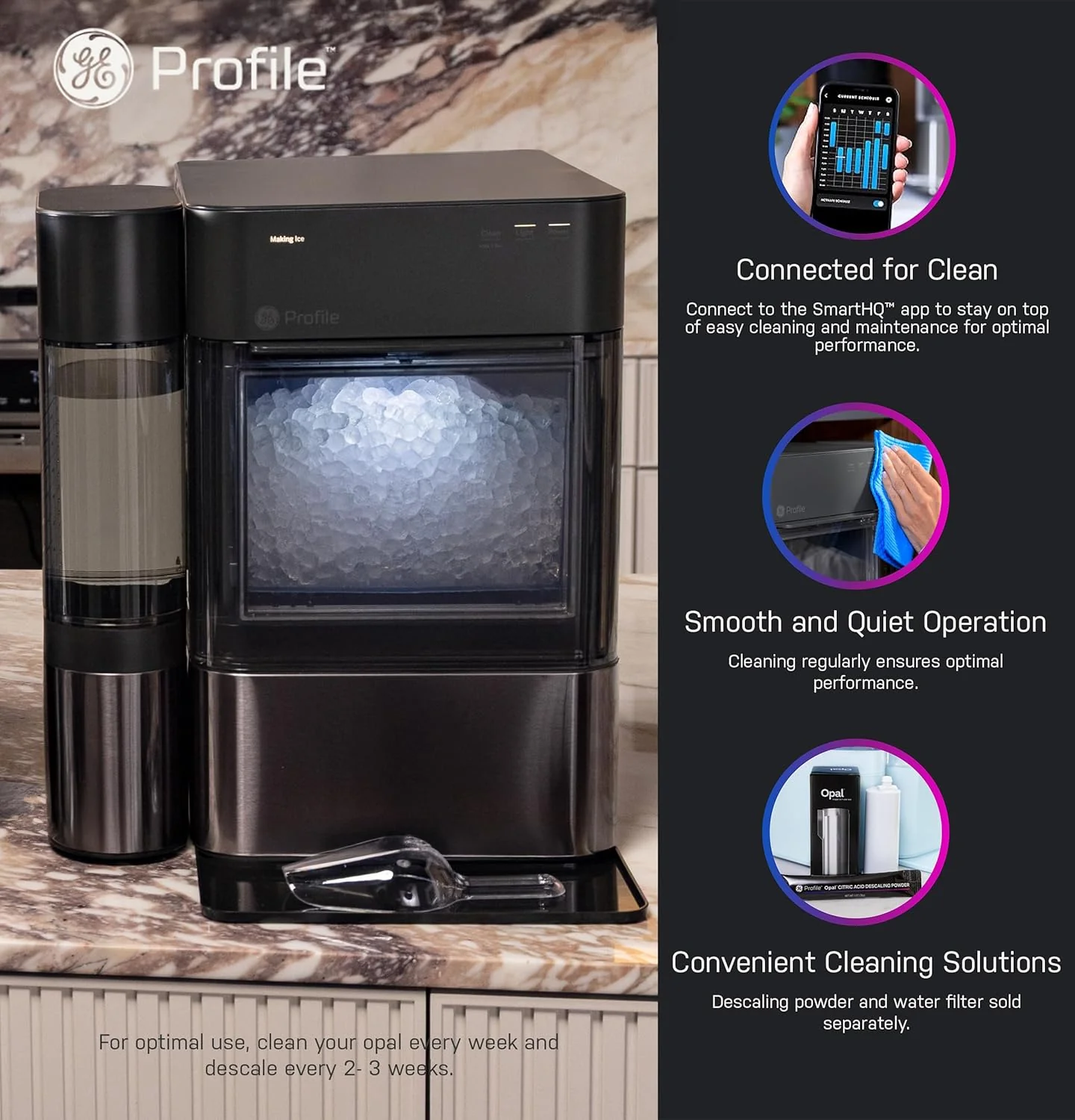 GE Profile Opal 2.0 XL with 1 Gallon Tank, Chewable Crunchable Countertop Nugget Ice Maker, Scoop included, 38 lbs in 24 hours, Pellet Ice Machine with WiFi & Smart Connected, Stainless Steel