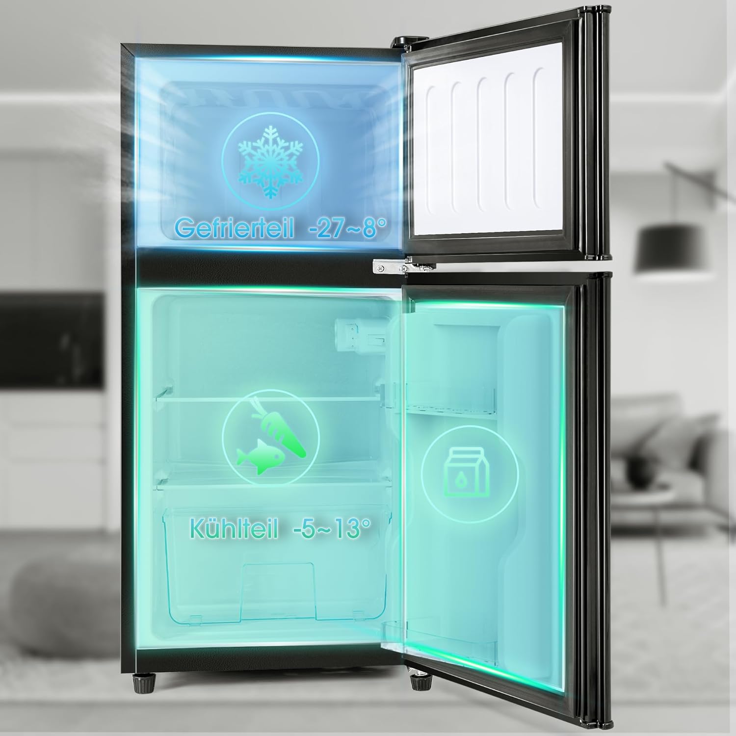 Merax Kühlschrank mit Gefrierfach, Kühl-Gefrierkombination, klein Kühlschrank mit 51L und Gefrierschrank 21L, Leise, LED, Glasablagen, Gemüsefach, Türablagen, für Küche, Wohnzimmer, Büro, Schwarz