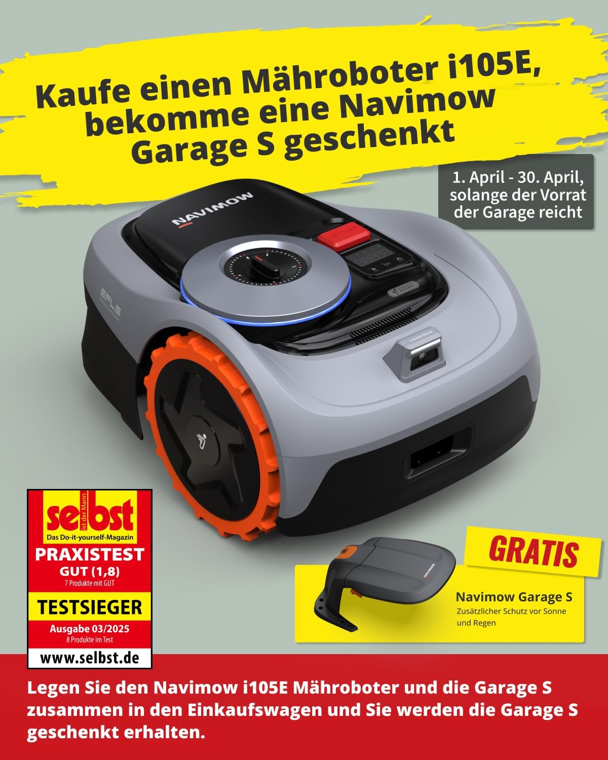 Navimow i105E Mähroboter ohne Begrenzungskabel, Empf. 500 m², Max. 600 m², RTK+Vision Rasenmäher Roboter Testsieger, Igelschutz Rasenroboter, KI Auto Kartierung, Virtuelle Begrenzung, Mehrzonen