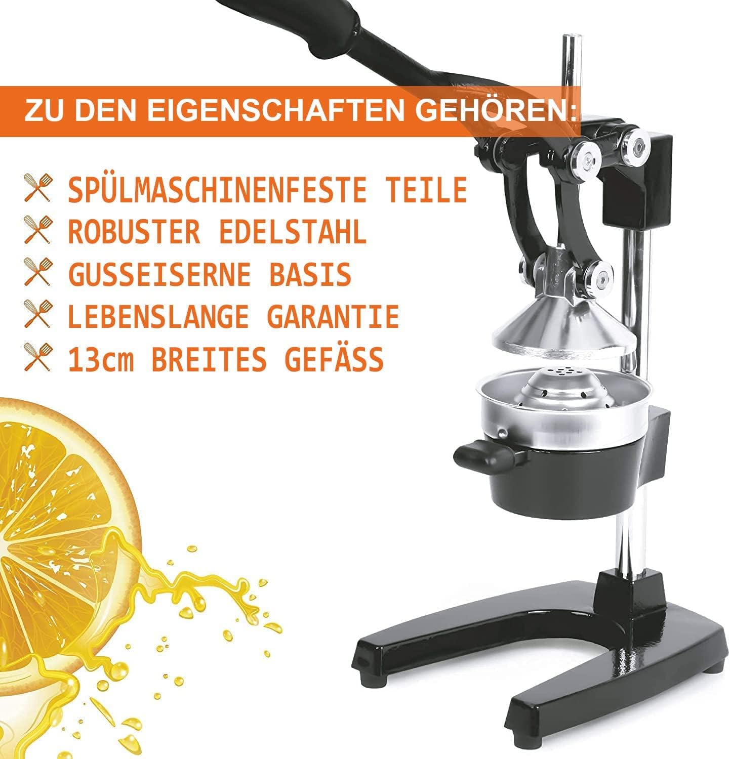 Zulay professionelle Zitruspresse – manueller Entsafter aus Metall – manuelle Zitronenpresse und Orangenpresse – robuster und strapazierfhiger Standentsafter in Premium-Qualitt, schwarz