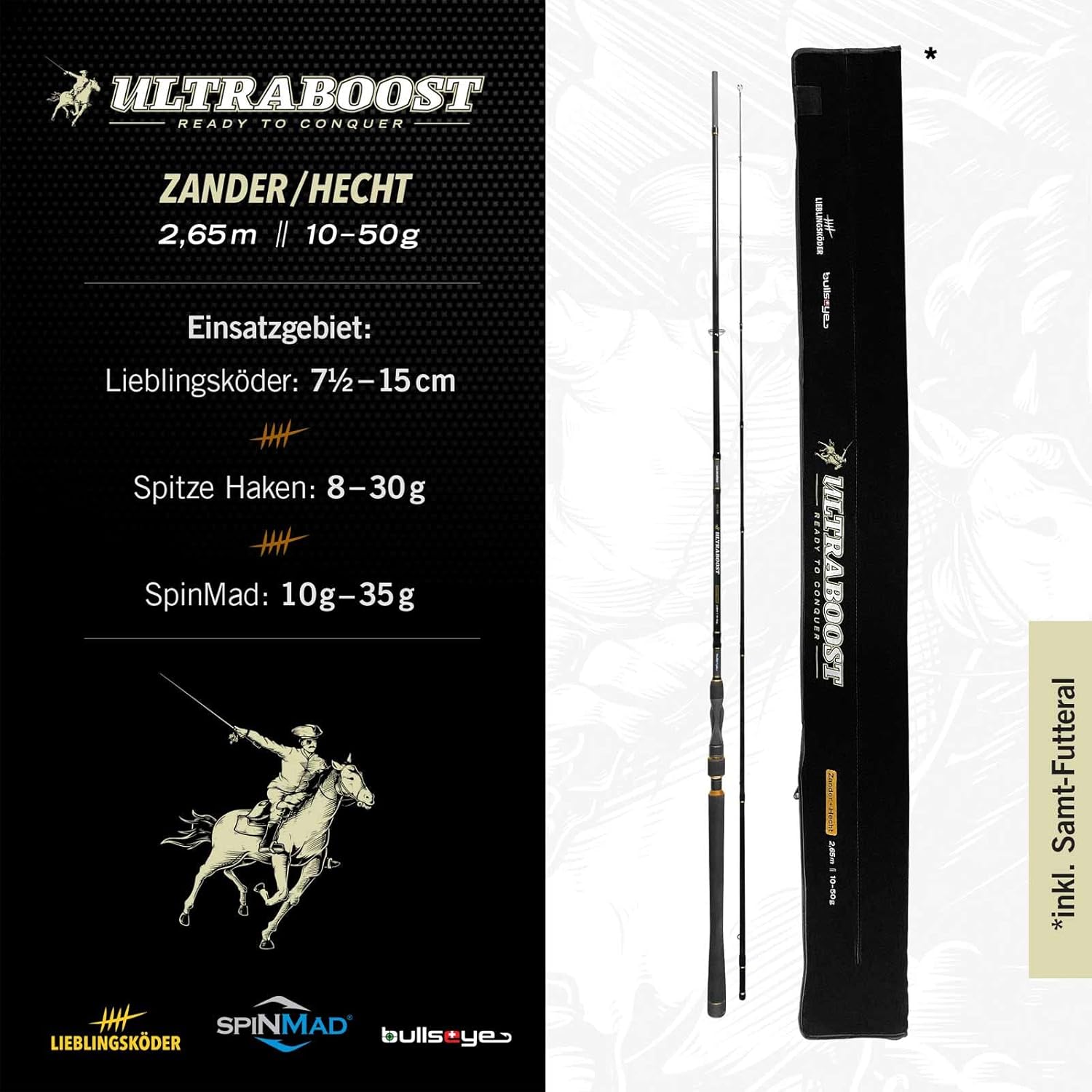 Lieblingsköder Ultraboost Zander+Hecht 2,65m 10-50g - Spinnrute zum Zanderangeln & Hechtangeln, Zanderrute für Gummifische, Gummifischrute, Raubfischrute