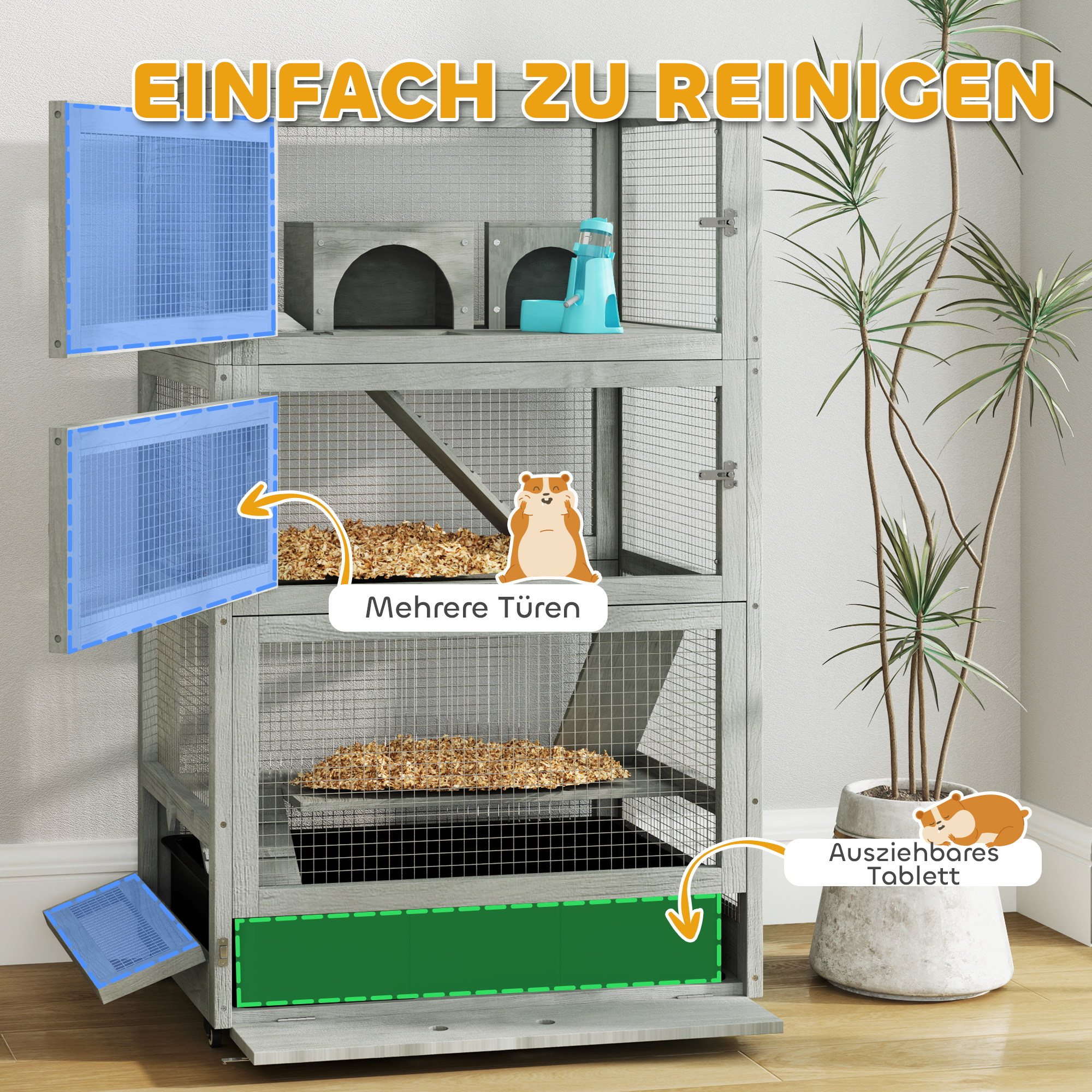 Vierlaagse Hamsterkooi van Hout, met Huisjes, Wip, Voederbakken, Hellingen, Wielen, 65 x 45 x 109 cm, Grijs