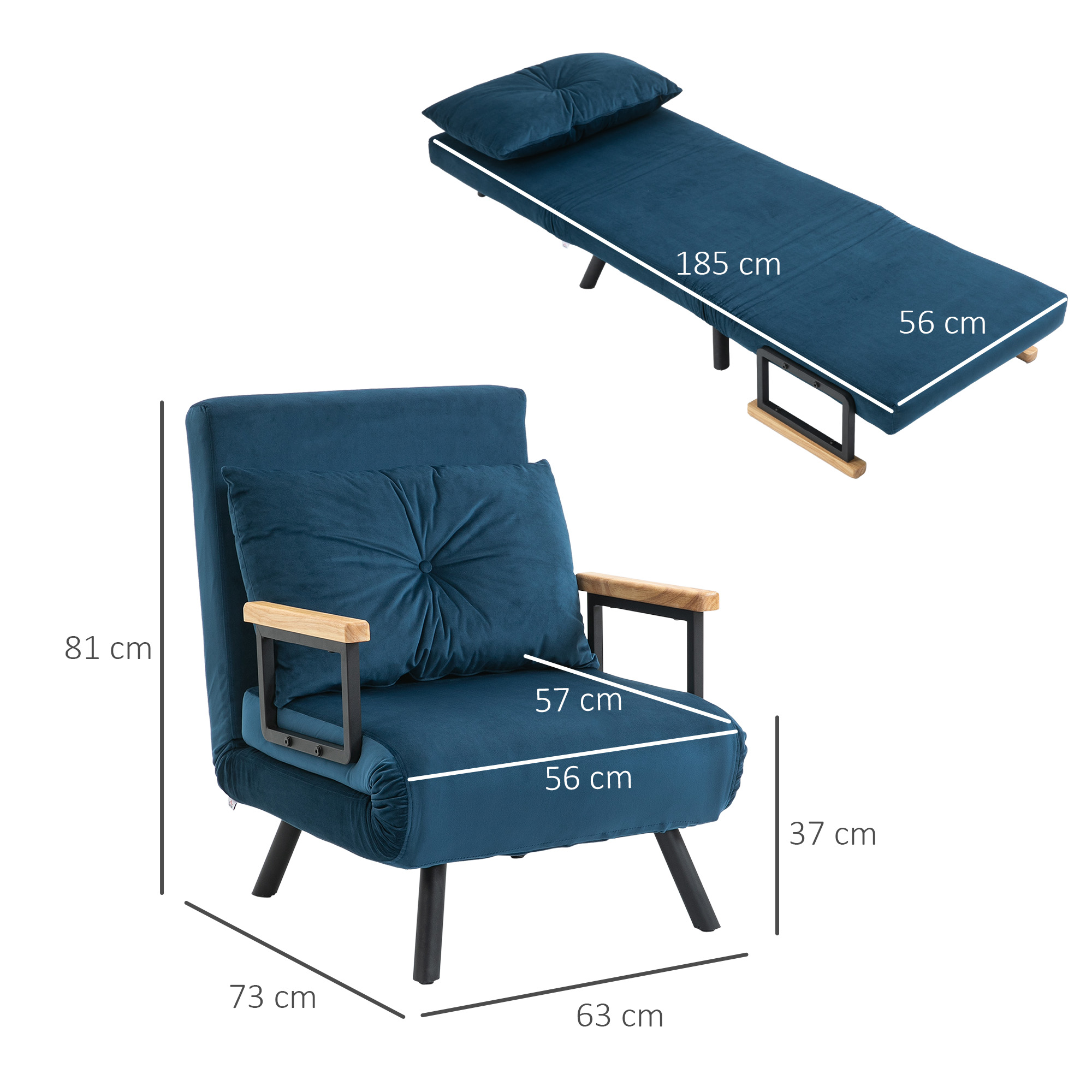 Relaxstoel Ligstoel Fluweel, Ligfunctie, Fluweel, 63 cm x 73 cm x 81 cm, Blauw