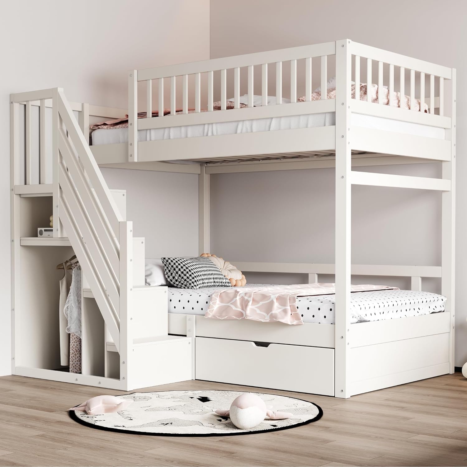 Kinderbett Etagenbett 90x200 Für 2 Kinder, Hochbett mit Treppe&Aufbewahrungsschrank&Schublade, Massivholz Funktionsbett Stockbett Jugendhochbett mit 2xLattenrost & Rausfallschutz, Ohne Matratze, Weiß