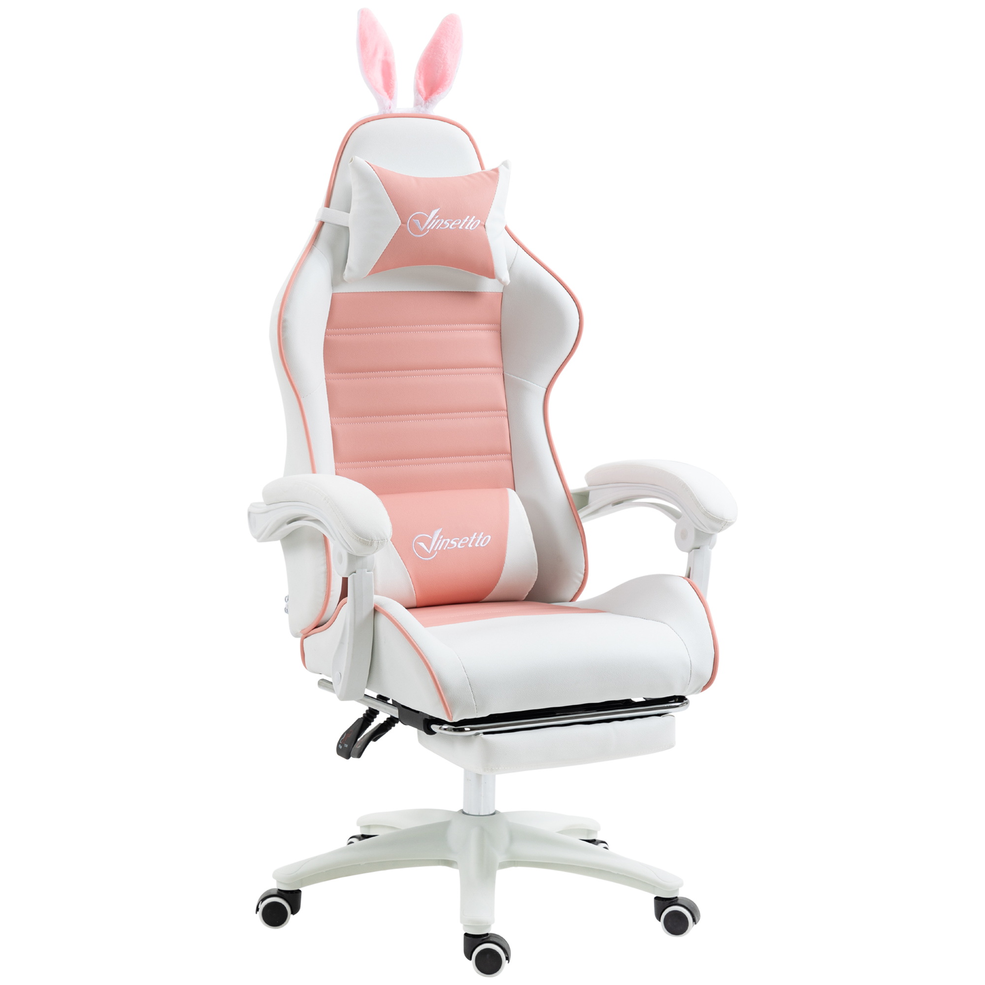 Vinsetto Ergonomische Gaming Stoel met Lendensteun, Voetensteun, Konijnenoren, Hoofdkussen in Roze