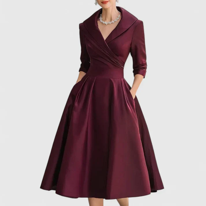Klassisches Damen Wickelkleid mit V-Ausschnitt | Elegantes Midikleid mit 3/4-?rmeln und praktischen Seitentaschen