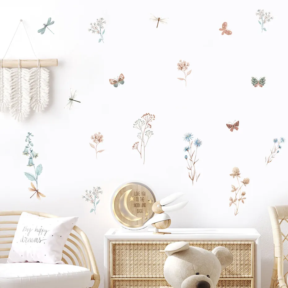 Boho Floral Dragonfly Watercolor Nursery Wall Decals