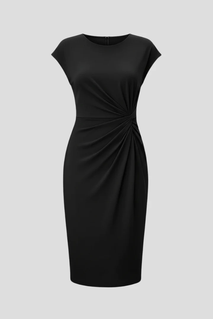 Knielanges Damenkleid mit Rundhalsausschnitt und Raffung an der Taille