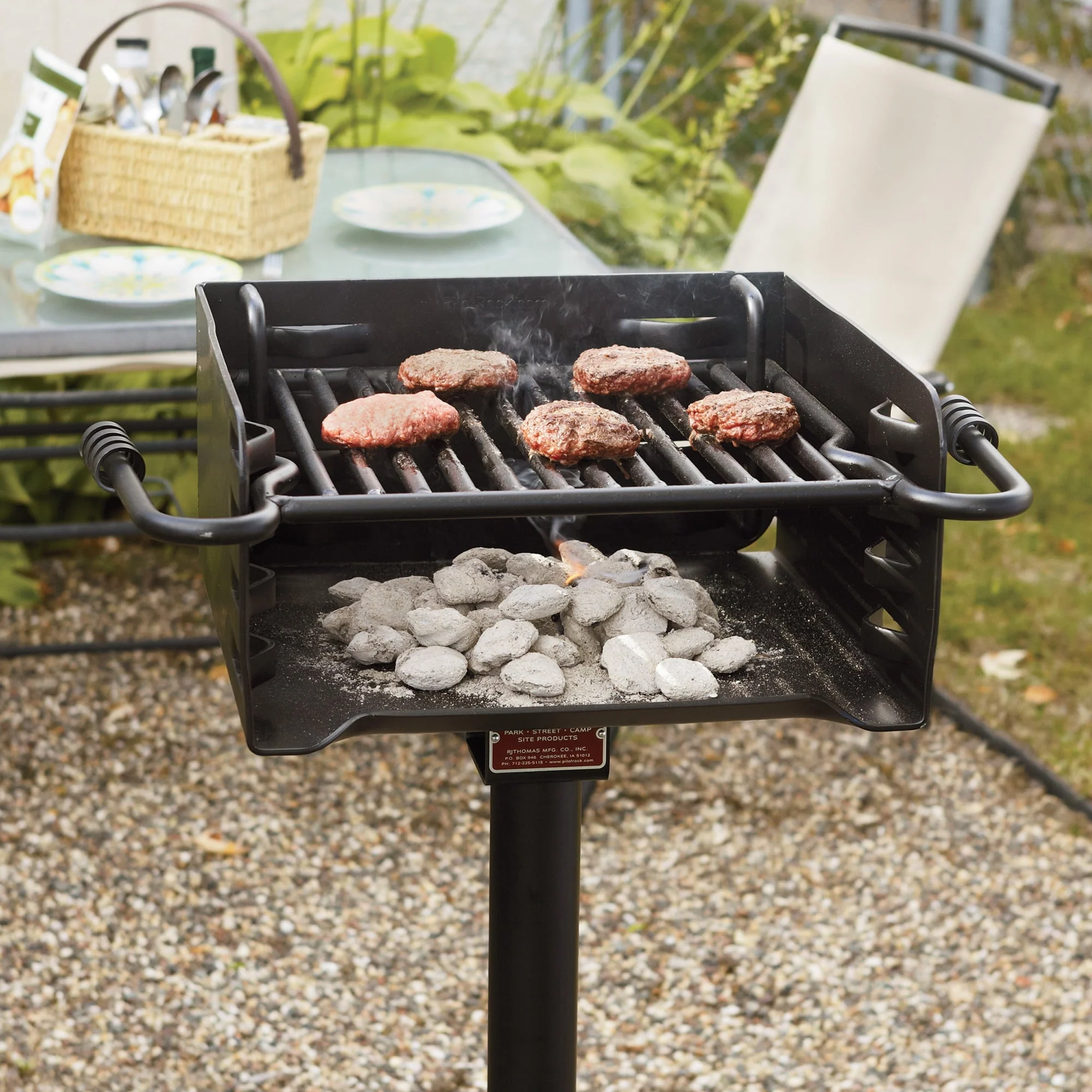 Pilot Rock Park Style Steel Outdoor BBQ Charcoal Grill and Post, Black