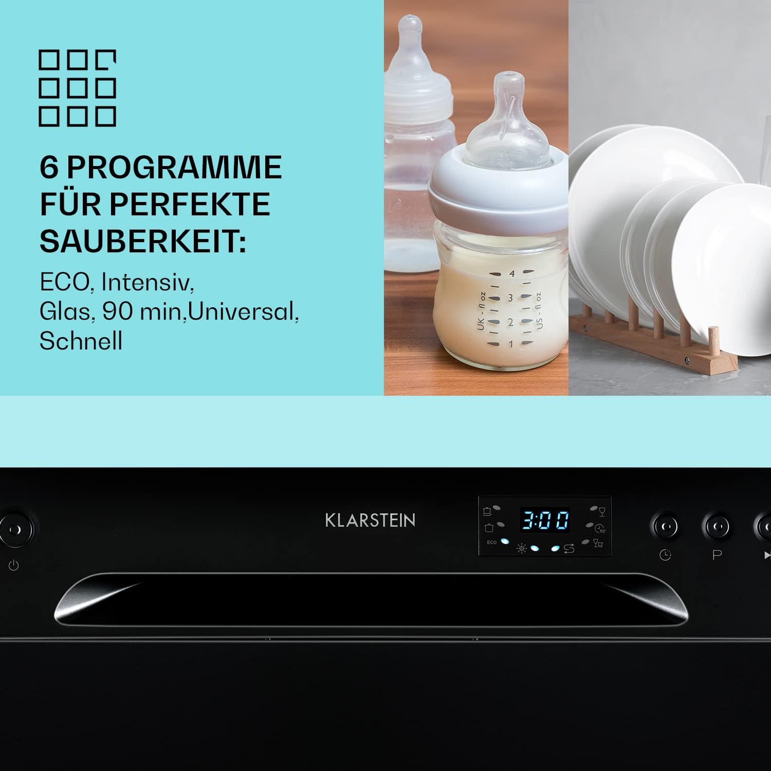 Klarstein  ia 8 - Spülmaschine, Geschirrspüler, Freistehend, Teilintegriert, F, 55 cm breit, 8 Maßgedecke, 6 Programme, Aquastop, silber