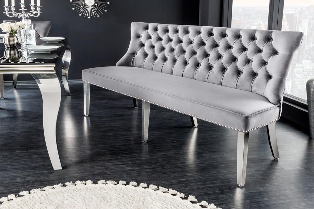 riess-ambiente.de Design Sofabank Castle Deluxe 165cm grau Samt Löwenkopf Chesterfield Barock, Esszimmerbank mit Rückenlehne, Sitbank, Küchenbank, Polsterbank