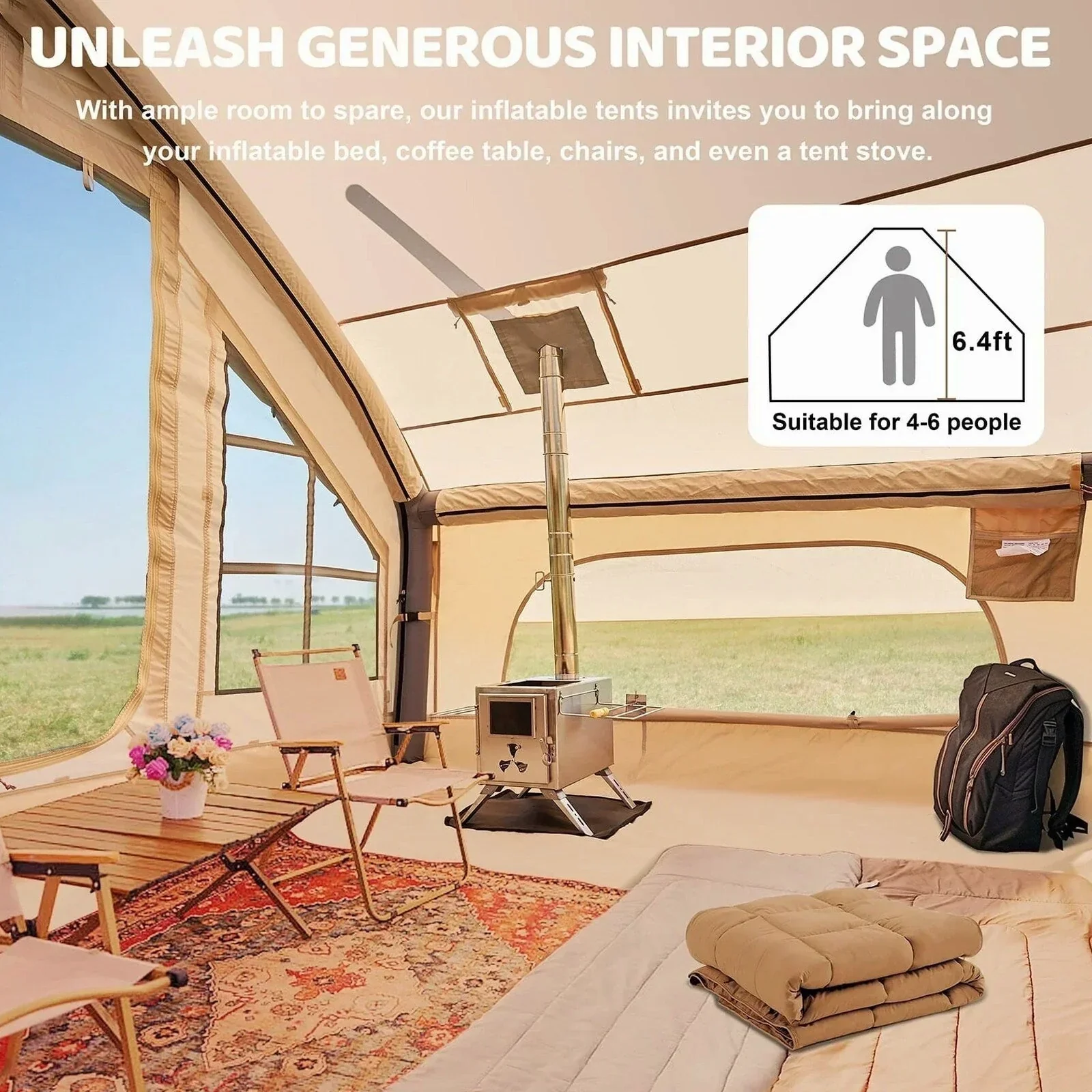 6 Person Inflatable Camping Tent with Pump, 10ft x7ft Glamping Family Tent Easy Setup 4 Season Waterproof Windproof Outdoor Blow Up Tent Luxury Oxford Cabin with Mesh Windows & Doors sgtnighsdesigns