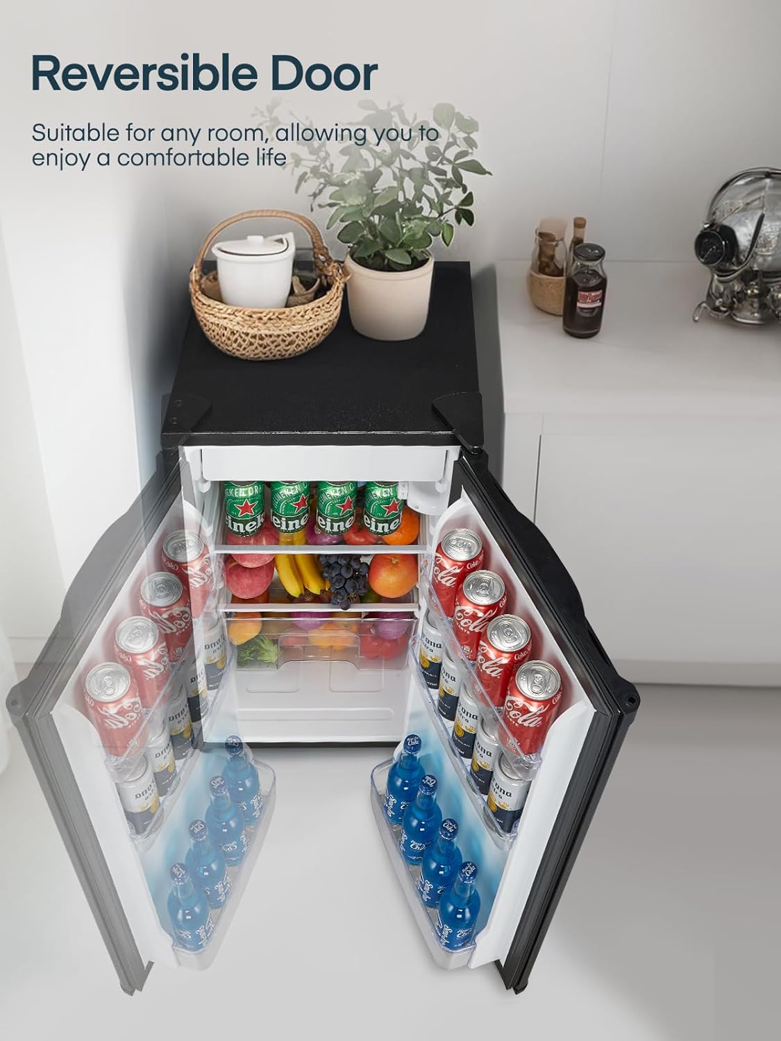 FOHERE 90L Kühlschrank mit Gefrierfach Klein & Gemüsefach | Ultra-Leiser Mini Kühlschrank für Schlafzimmer/Büro | 7-Stufen Thermostat, Energieeffizien | Schwarz