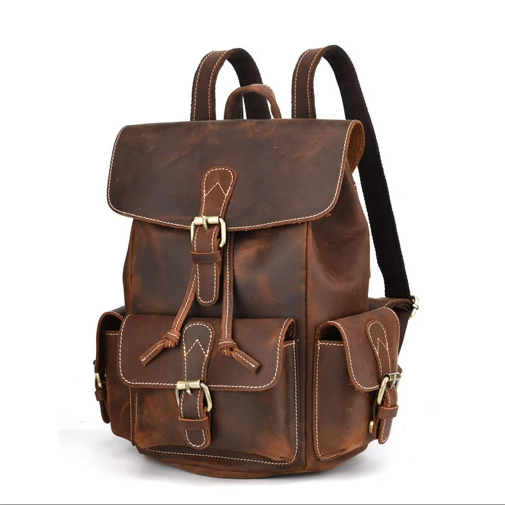 Handmade Pockets Leather School Backpack