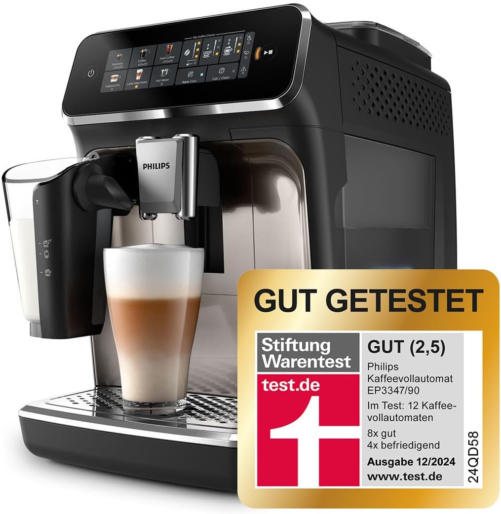 Philips 2300 Serie Vollautomatische Espressomaschine - 4 Getränke, modernes Farb-Touchscreen-Display, LatteGo-Milchsystem, SilentBrew, Keramikmahlwerk, AquaClean-Filter. Weißes Chrom (EP2333/40)
