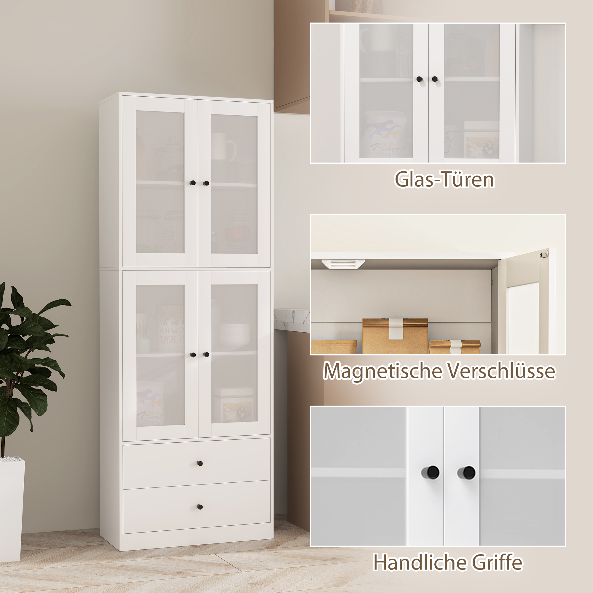 Keukenkast met Lades en Glazen Deuren, Melamine Oppervlak, Wit