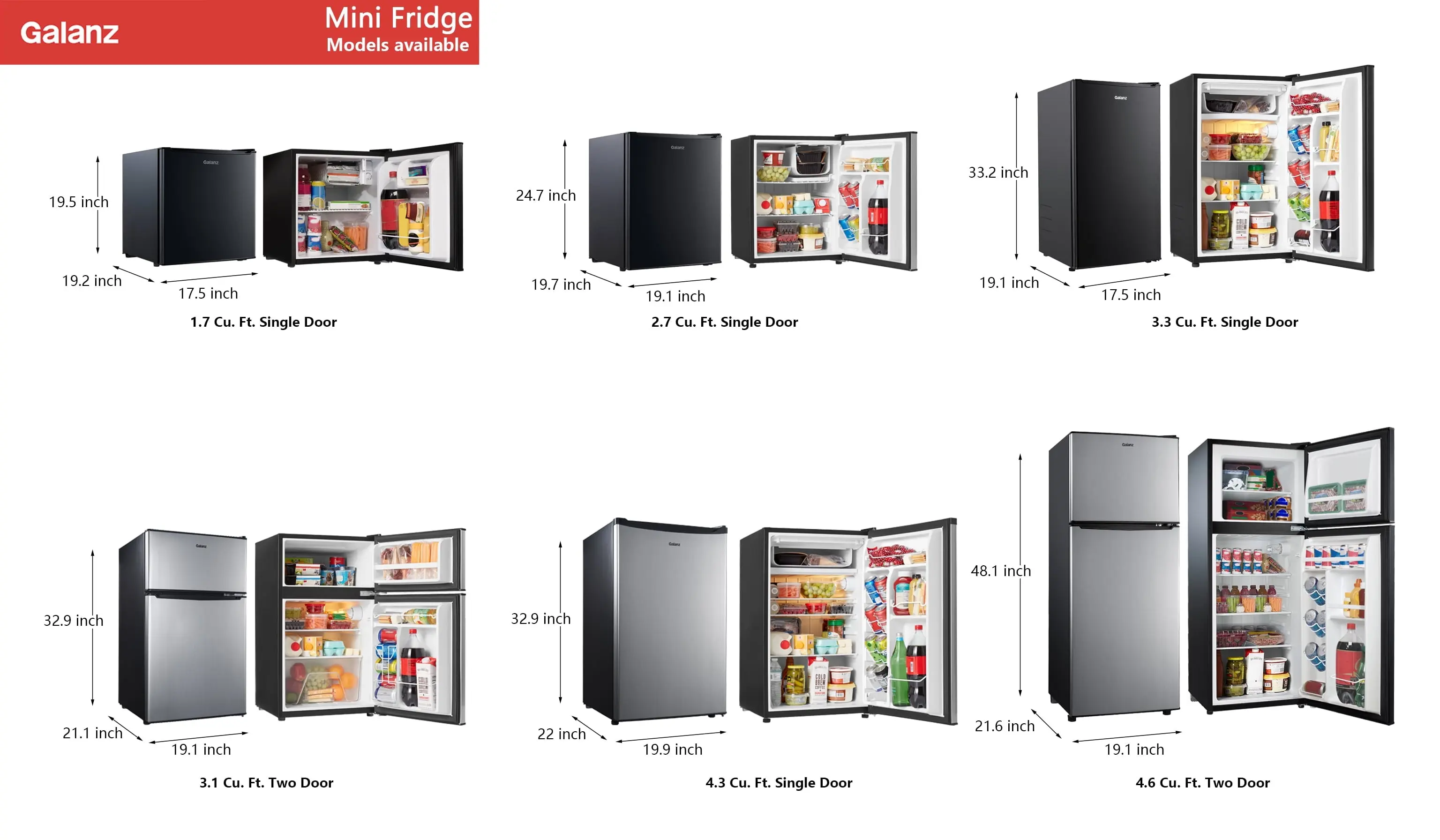 Galanz 3,1 Cu Ft Mini Koelkast met Twee Deuren en Vriezer, Roestvrij Staal, Estar, Nieuw