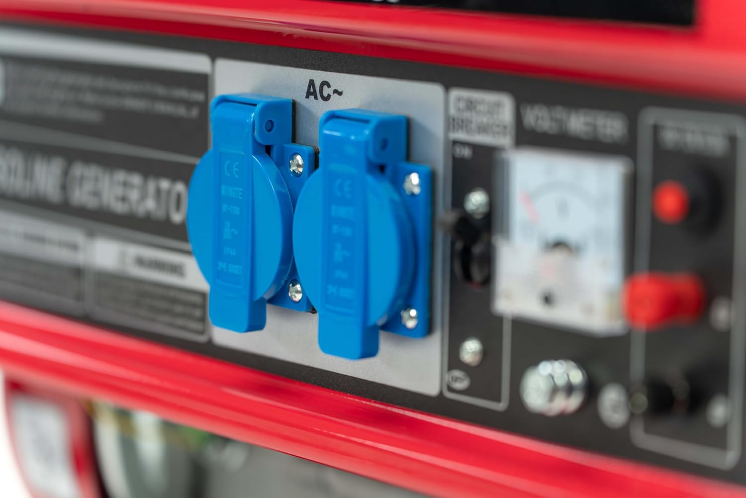 Stromgenerator mit Benzin Stromerzeuger 3000W BS3500 Notstromaggregat mit AVR  und  Überlastschutz 4-Takt 6,5-7 PS Seilzugstarter 2x 230V / 1x 12V Steckdosen (Rot, BS3500)