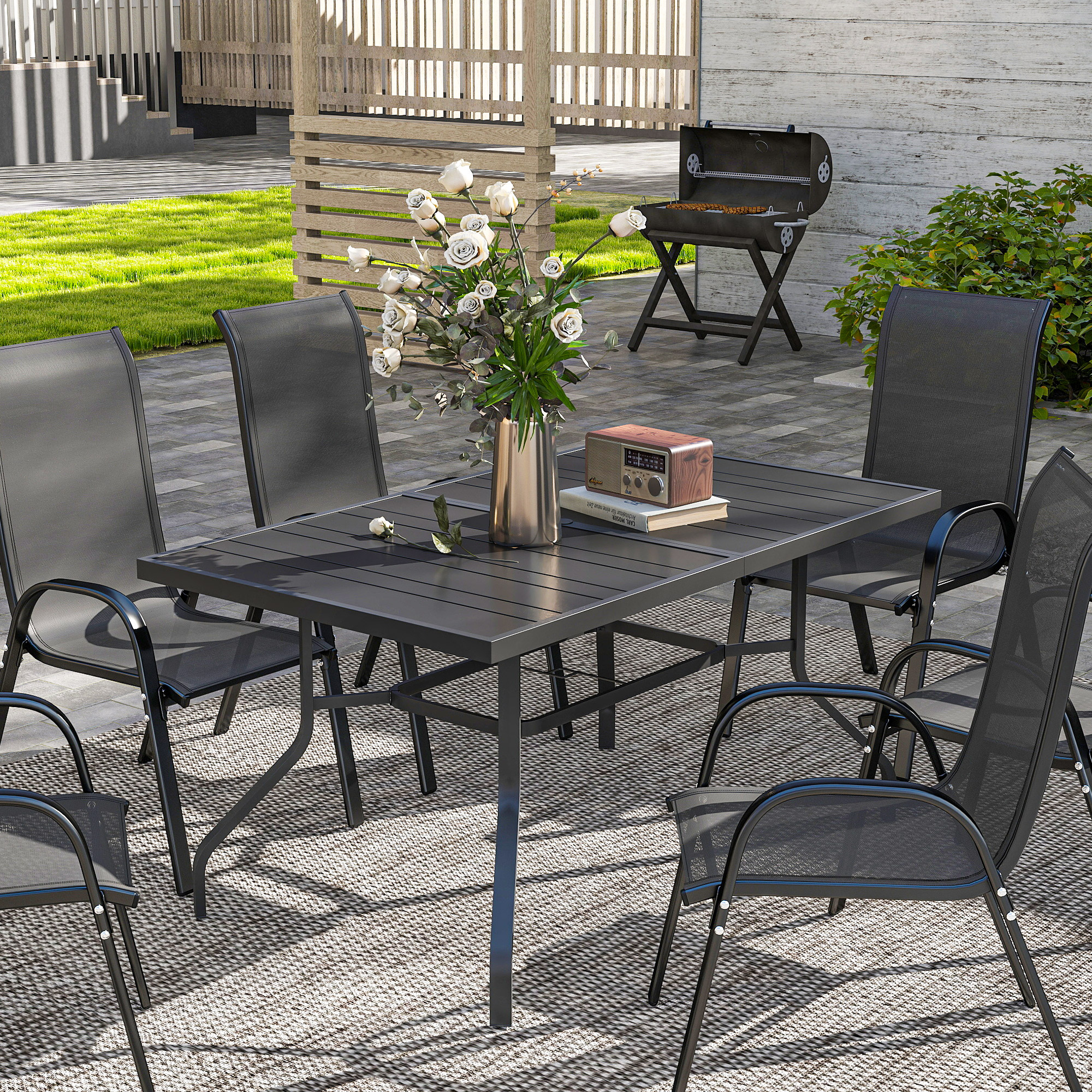 Outsunny Tuintafel 152x90 cm, Weerbestendige Balkontafel van Staal, Bijzettafel met Parasolgat, Lattenontwerp Zwart