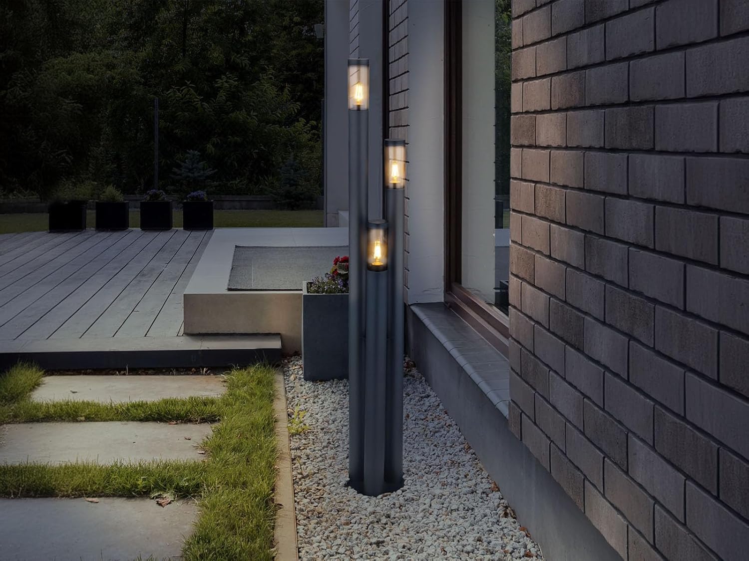 Moderne Wegeleuchte 3-flammig aus Edelstahl in Anthrazit & Rauchfarben, Höhe 170cm