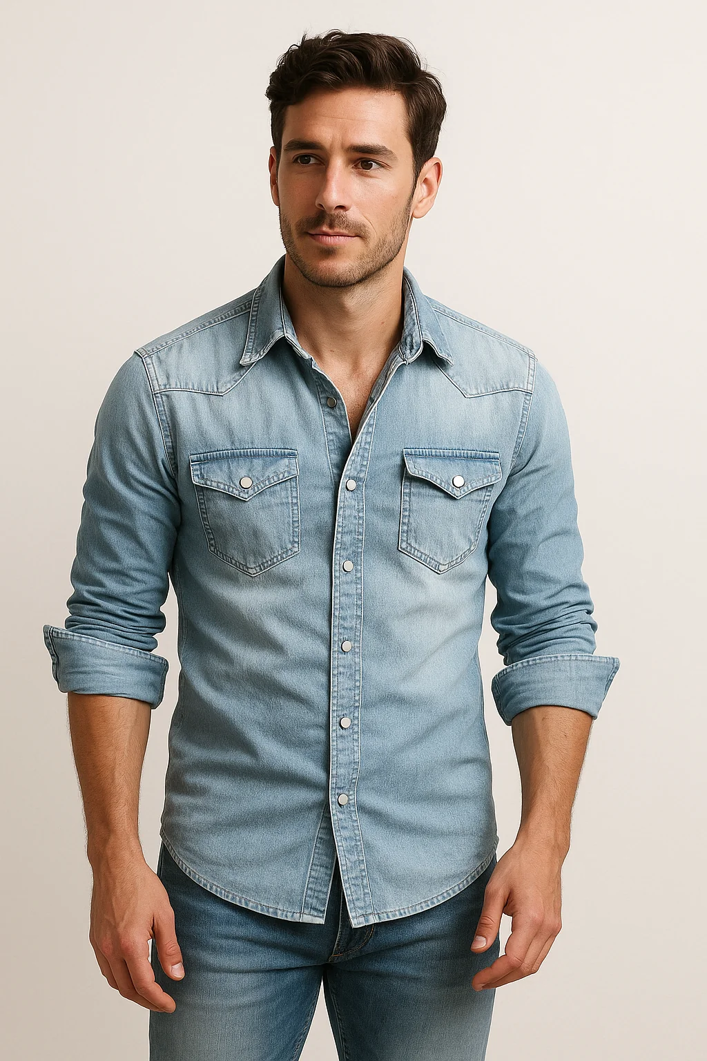 Herren Jeanshemd Slim Fit mit Druckkn?pfen | Leichtes Denim Hemd mit Brusttaschen f��r Freizeit und Alltag - Ganzj?hrig