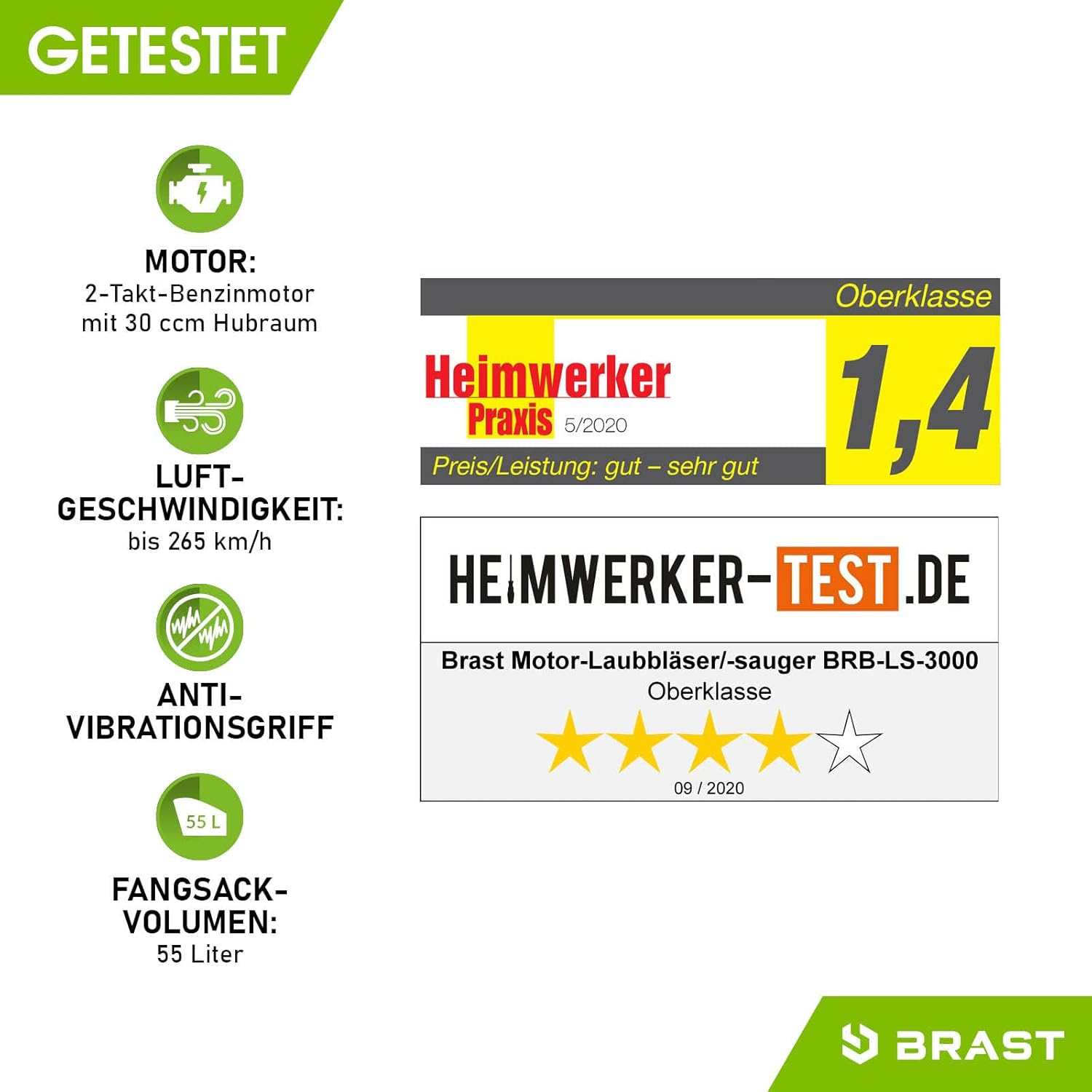 BRAST® Laubsauger Laubbläser Benzin 1,0kW(1,36PS) | 55L Fangsack | inkl. 2 Blasrohre, Schultergurt & Anti-Vibrationsgriff | 4in1 Funktion | Blasgeschwindigkeit 73 m/s