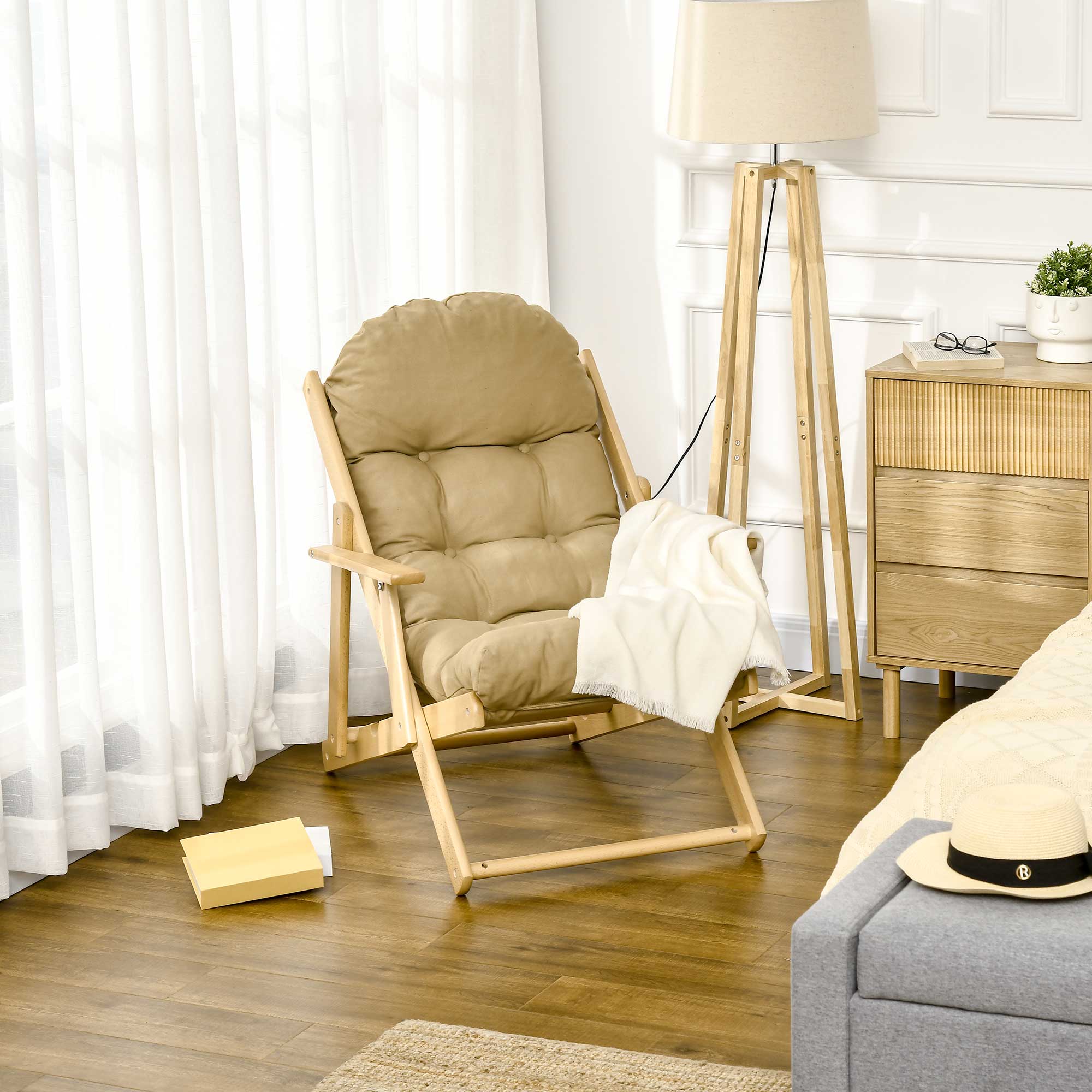 Accentfauteuil, Relaxfauteuil met Verstelbare Rugleuning, Beukenhoutframe, tot 120 kg, Bruin