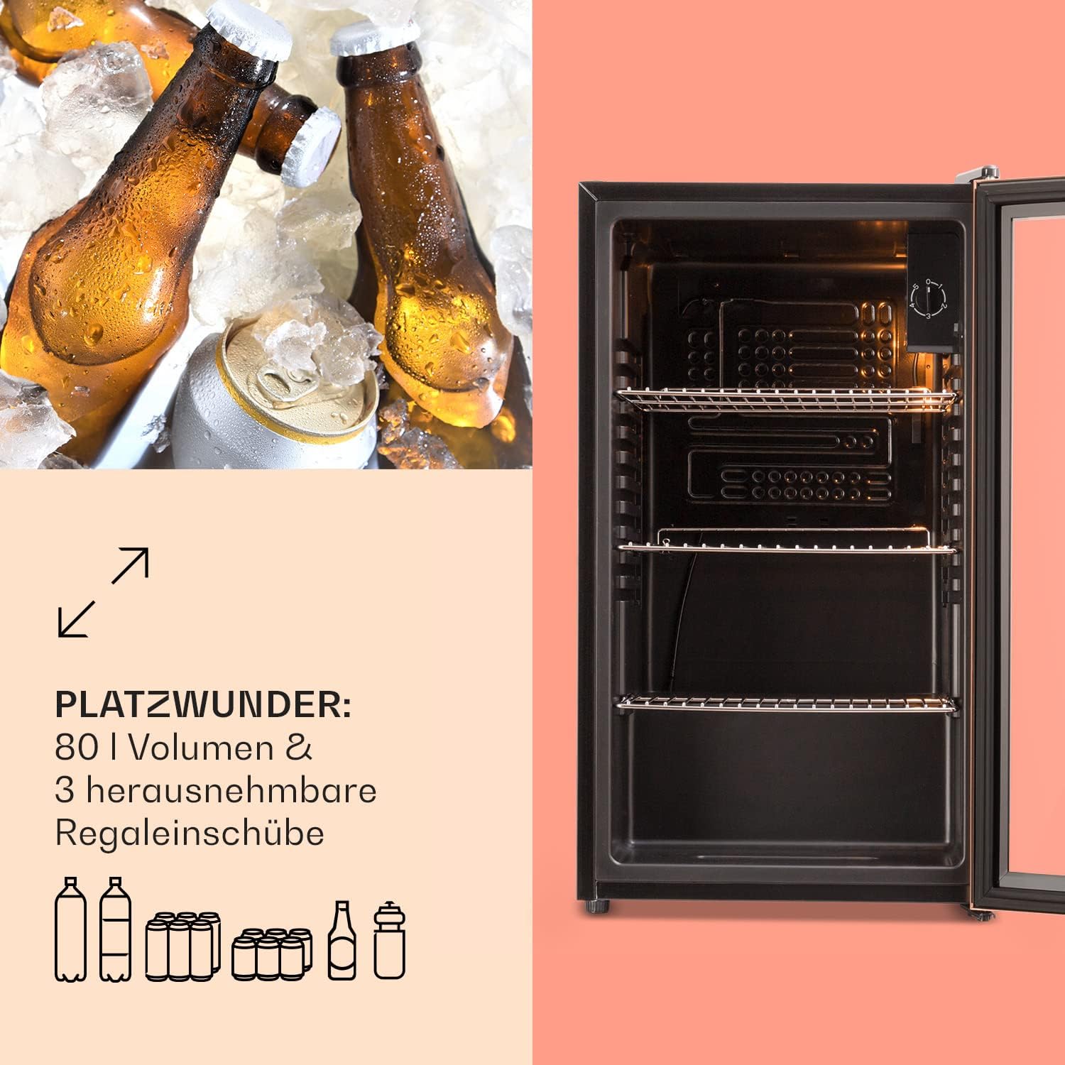 Klarstein Mini Kühlschrank mit Glastür für Zimmer, Getrnkekühlschrank mit Verstellbaren Ablagen, Kleiner 80 Liter, Indoor/Outdoor Kühlschrank Leise