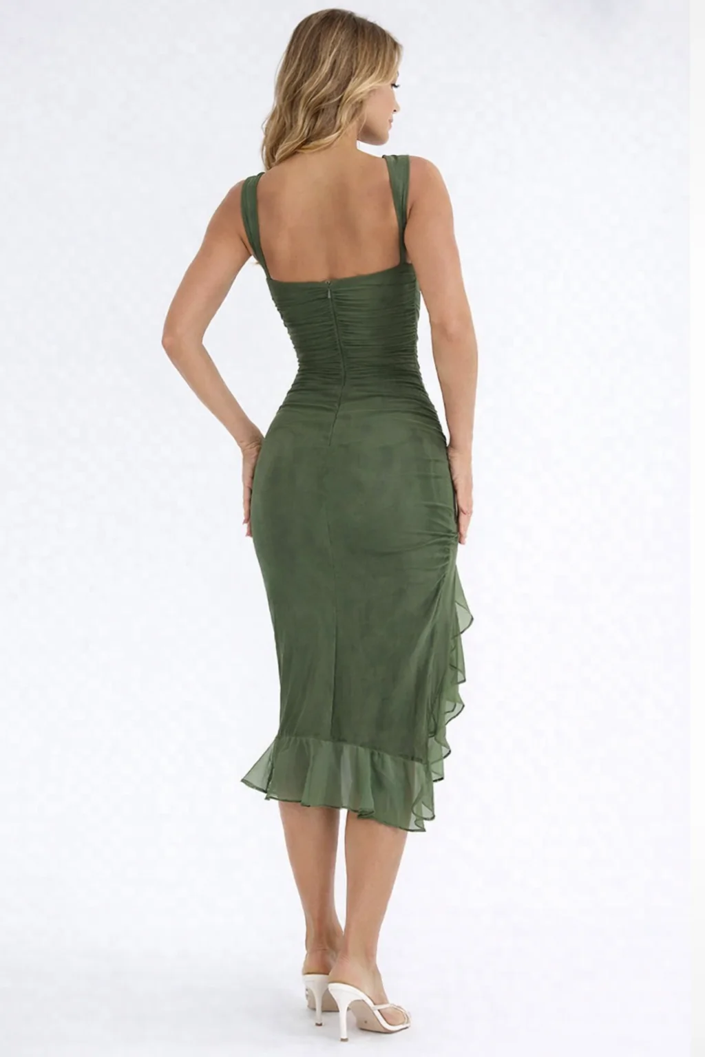 Damen Midi-Kleid f��r Hochzeitsg?ste | ?rmelloses Kleid mit Raffung, asymmetrischem Saum und Schlitz f��r festliche Anl?sse