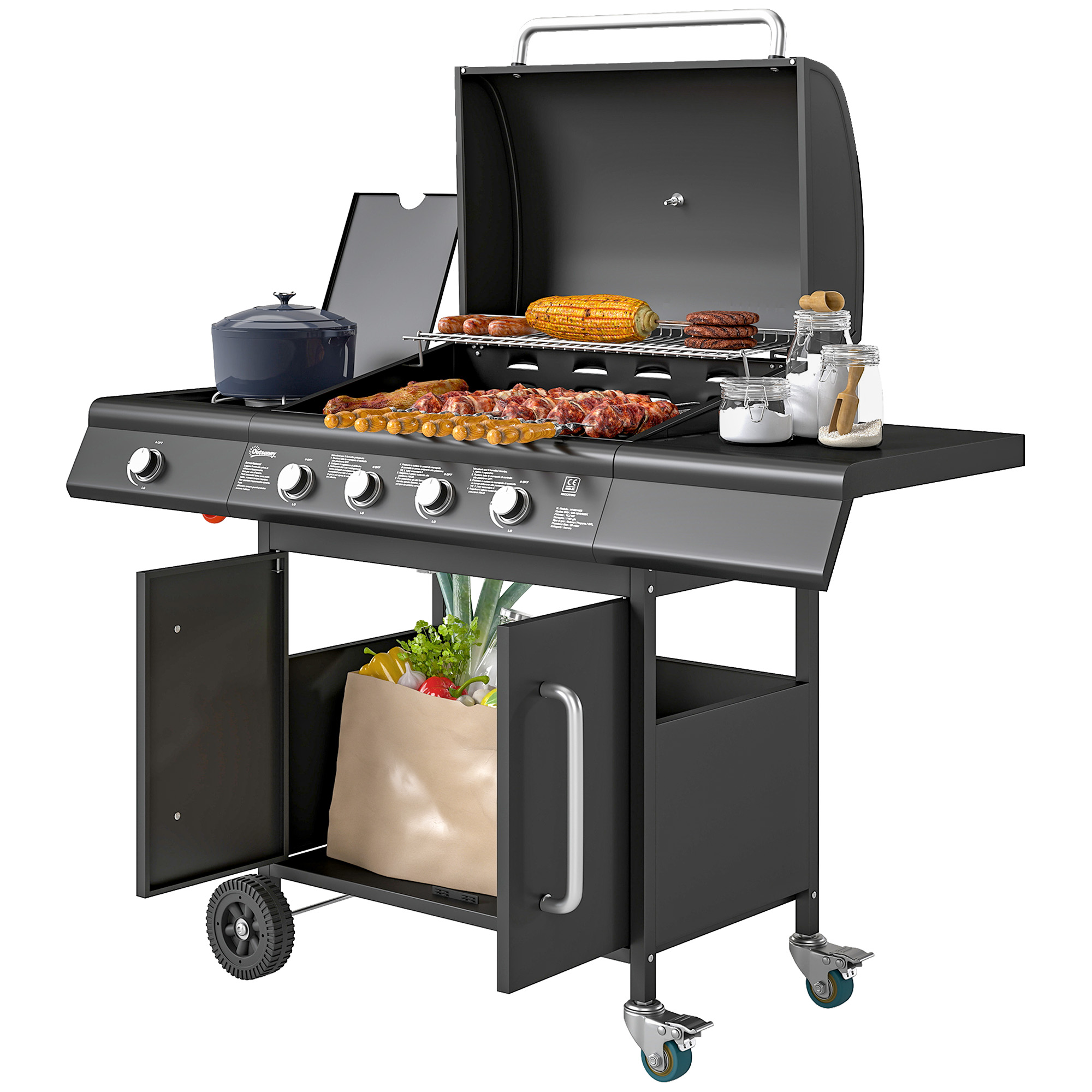 Outsunny Gasbarbecue 15,2 KW met 5 Roestvrij Stalen Branders en Zijbrander 129,5 x 56 x 110 cm Zwart