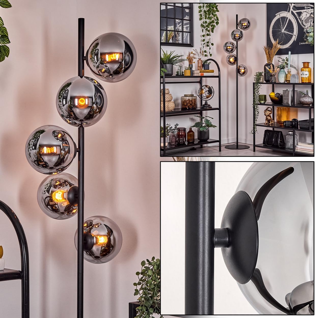 HOFSTEIN Stehleuchte Gastor, Stehlampe aus Metall/Glas in Schwarz/Chrom/Rauch, Leuchte im Retro/Vintage-Design mit Glasschirmen (Ø 15 cm) u. Fußschalter, 160 cm, E14, Wohnzimmer, Schlafzimmer, Büro