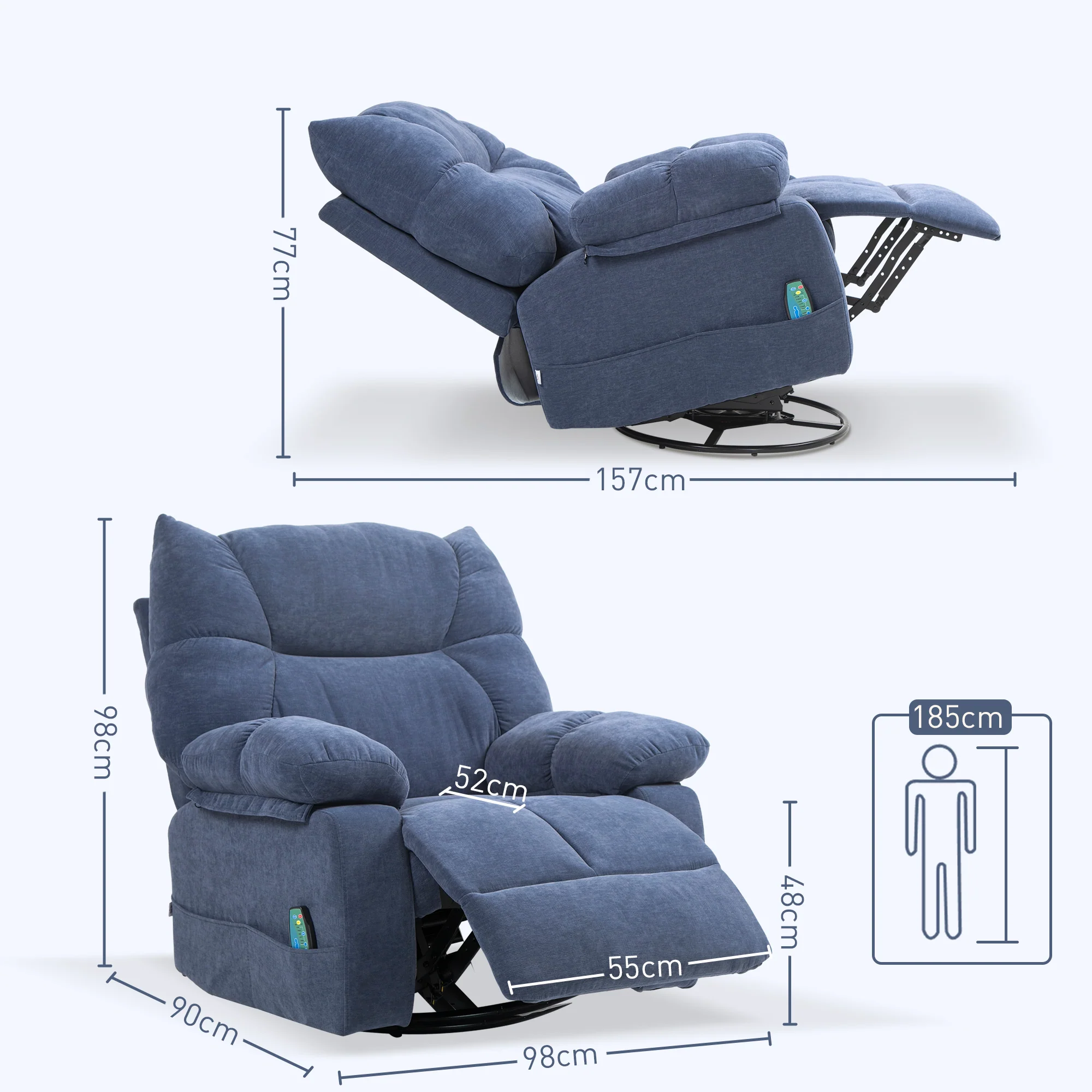 HOMCOM Massagestoel met Warmte- & Ligfunctie, Draaibaar, tot 150 kg, Metalen Frame, 98x90x98cm, Blauw