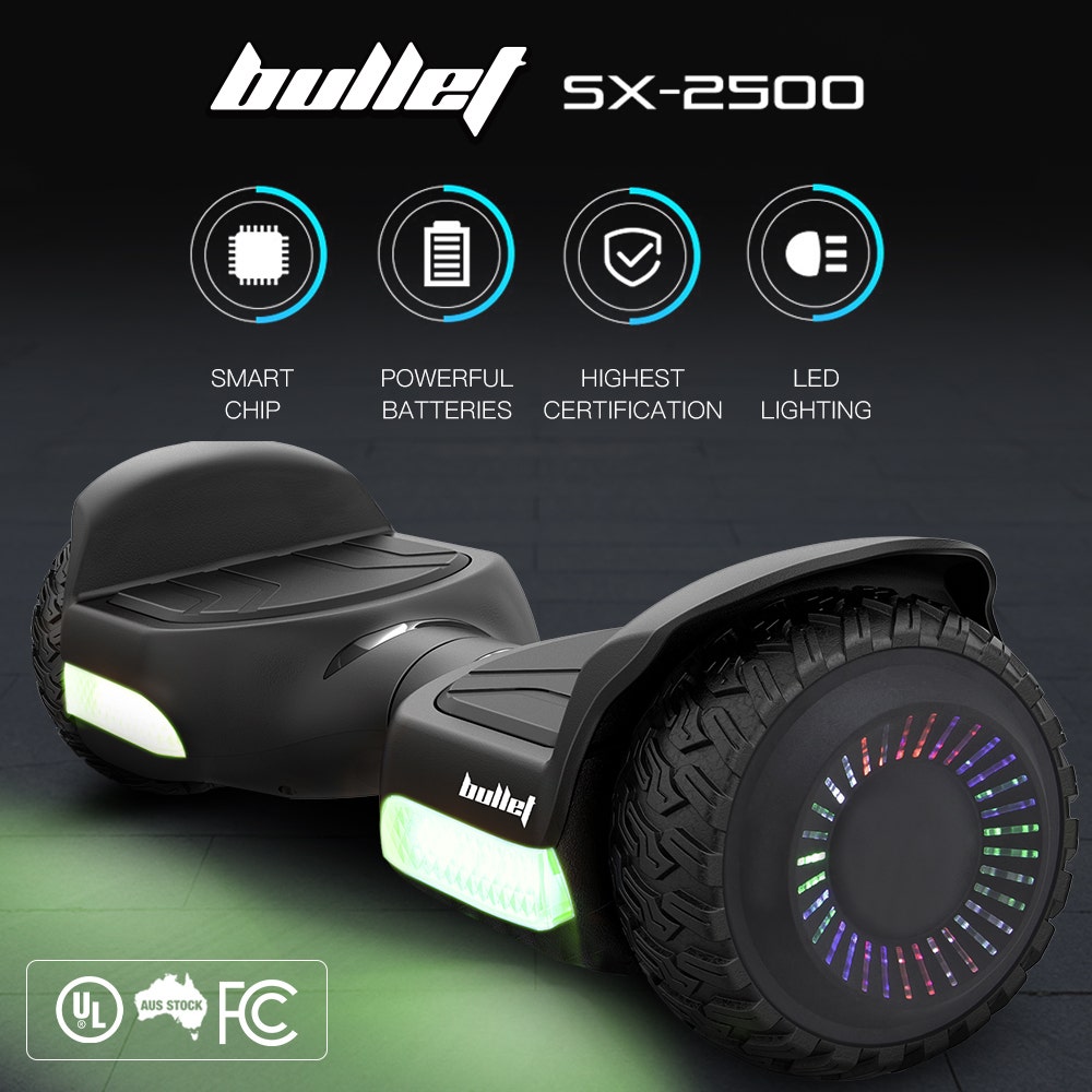BULLET SX-2500 Hoverboard Scooter, 500W Brushless, UL Certified, AU Compliant, 6.5-inch Off-Road Style Tyres, Superior Self Balancing System, LED Lights, Black