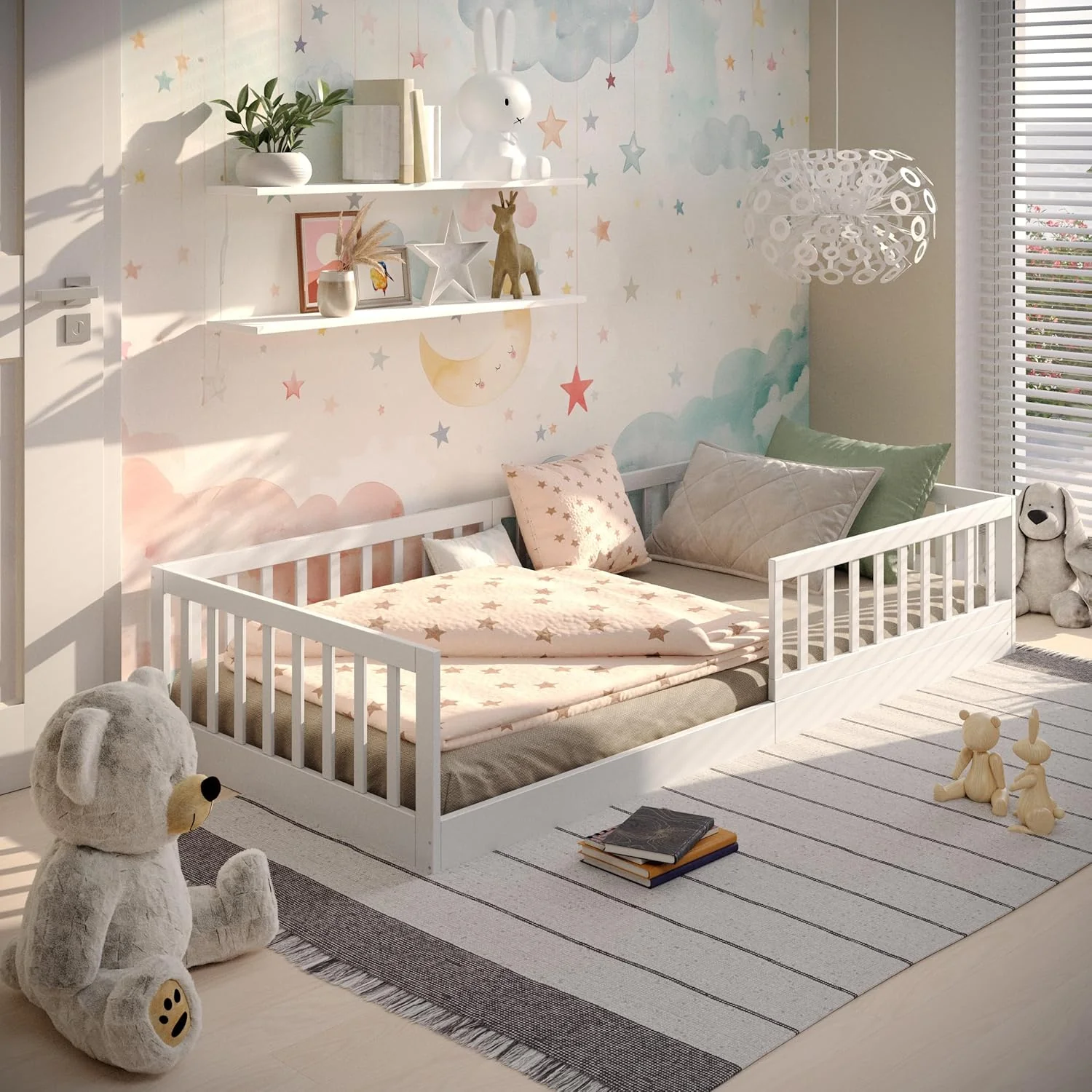 CADANI Timi 2-in-1 Vloerbed 140x200 cm Montessori Kinderbed met uitneembare valbeveiliging incl. lattenbodem, massief grenenhout, wit - 3 opbouwmogelijkheden, belastbaar tot 200 kg, ombouwbaar